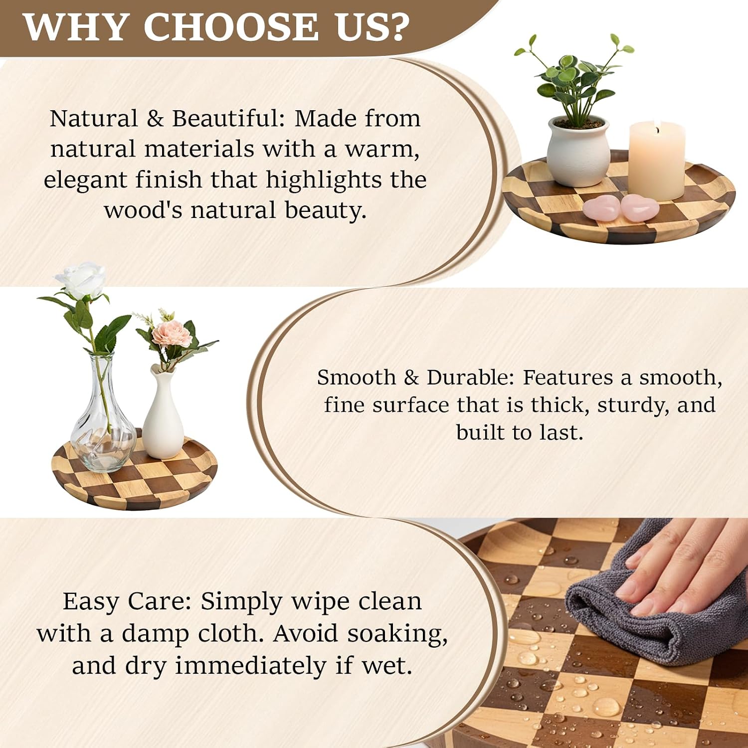 8 Inches Round Wooden Serving Trays Decorative Candle Plate Holder with Unique Checkered Design for Home Decor, Coffee Table, Dining Table, Kitchen Island