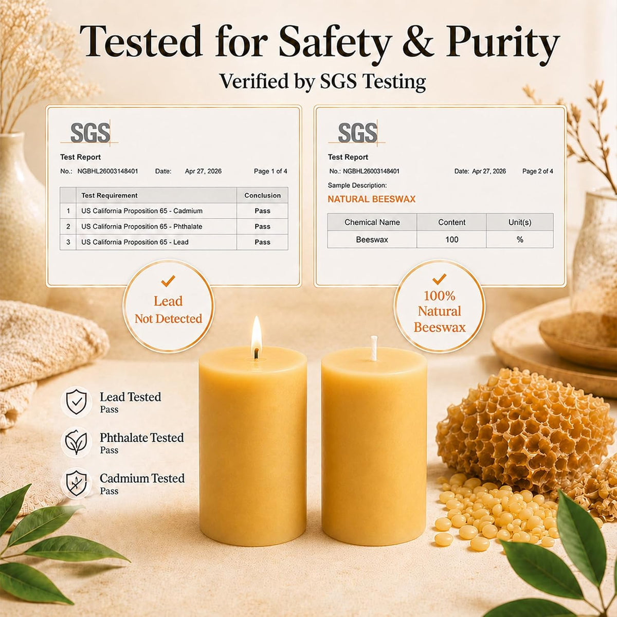 2 Pack Beeswax Pillar Candles,Non-Toxic 2x4 Inch Candle,35 Hour,Yellow