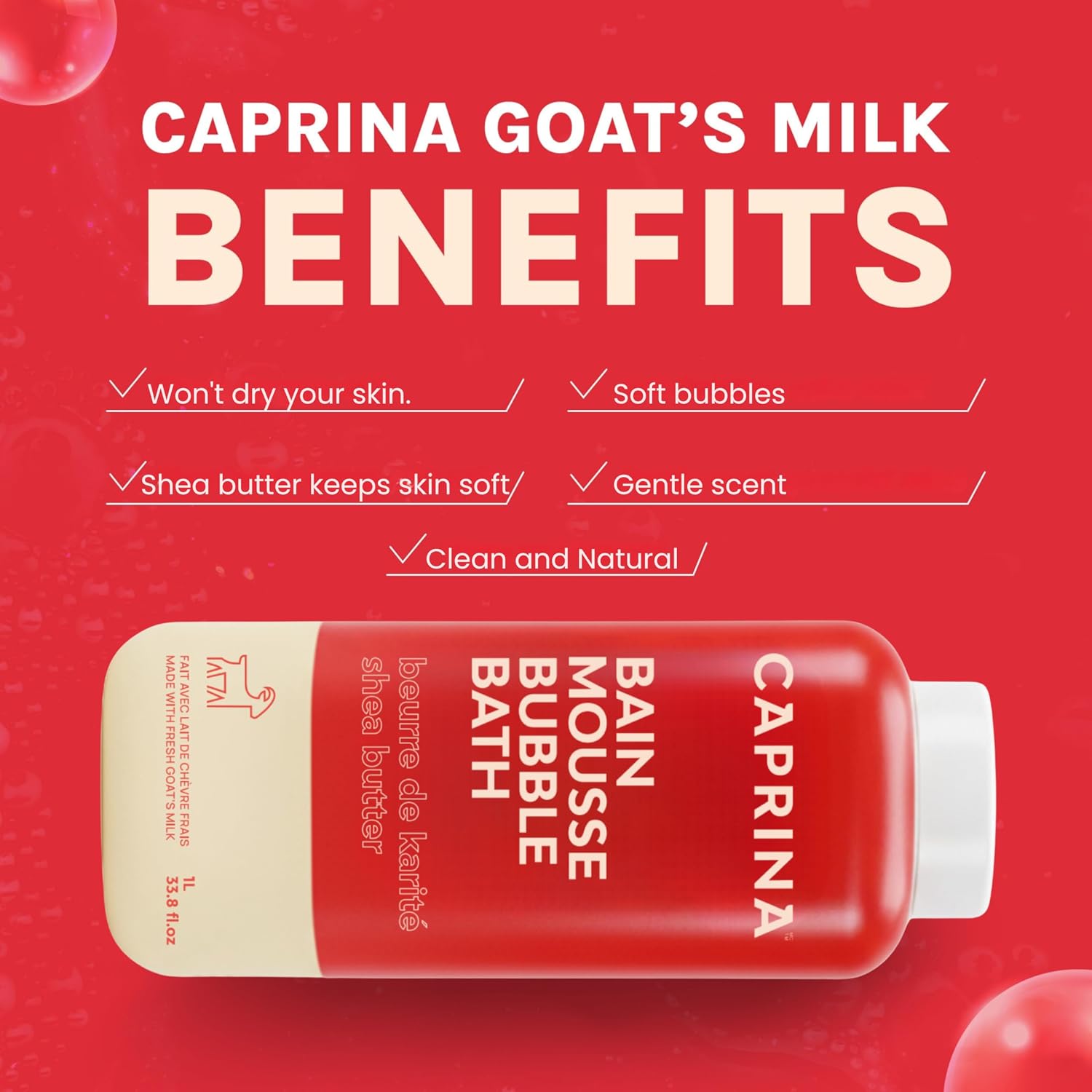 Caprina Fresh Goat’s Milk Bubble Bath, 1L, Hydrating Relaxing Foam Bath, Moisturizing and Gentle on Skin, Made in Canada (Shea Butter)