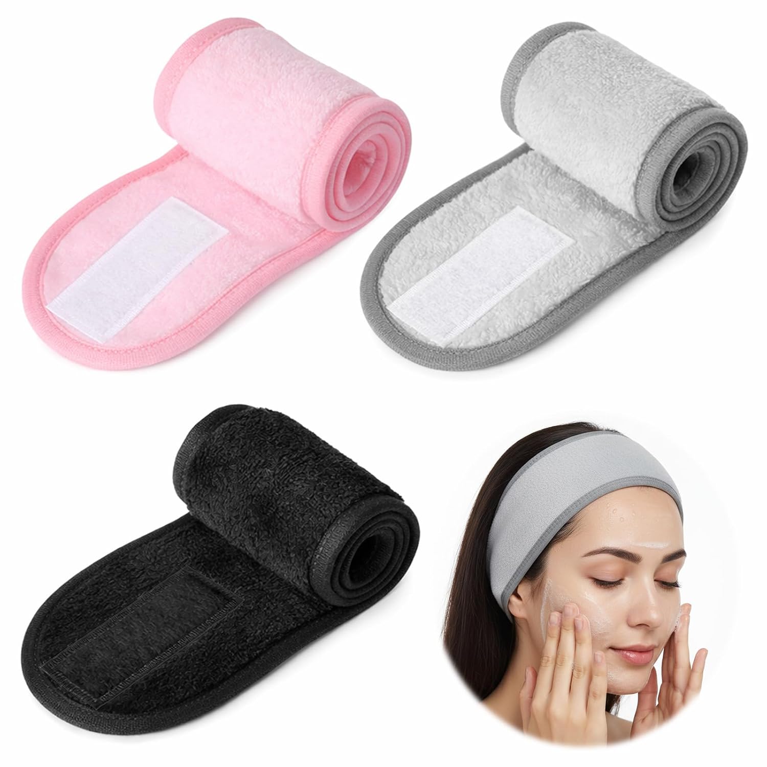 3Pcs Facial Spa Headband, Adjustable Face Wash Headscarf for Women, Soft Hair Wrap Headband for Washing Face, Makeup, and Shower