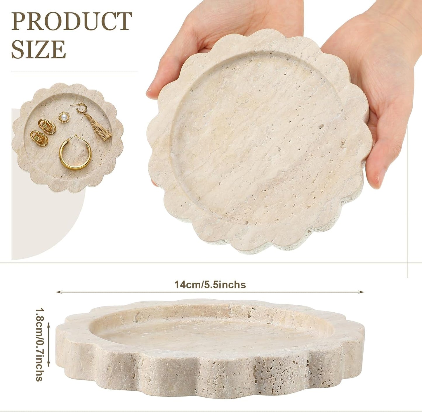 Threehoney 5.5 Inch Small Travertine Stone Tray Marble Jewelry Dish Trinket Tray for Women, Perfume, Coffee Table(Round,Scallop)