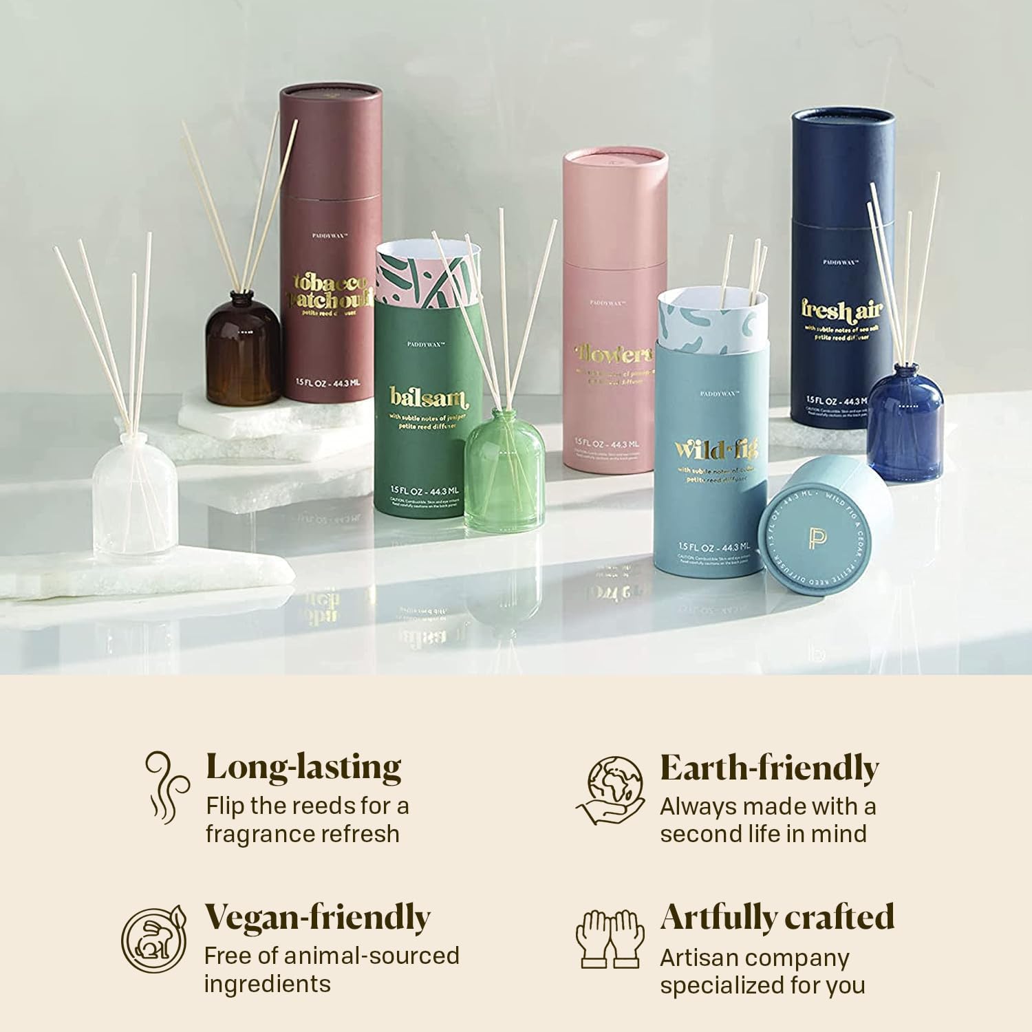 Paddywax Petite Reed Diffuser Set with Wooden Reeds, 720 Hour Long Lasting Home Fragrance Oil Diffuser, Decorative Milky Glass Bottle, Tobacco Patchouli Scent, Brown, 1.5 oz