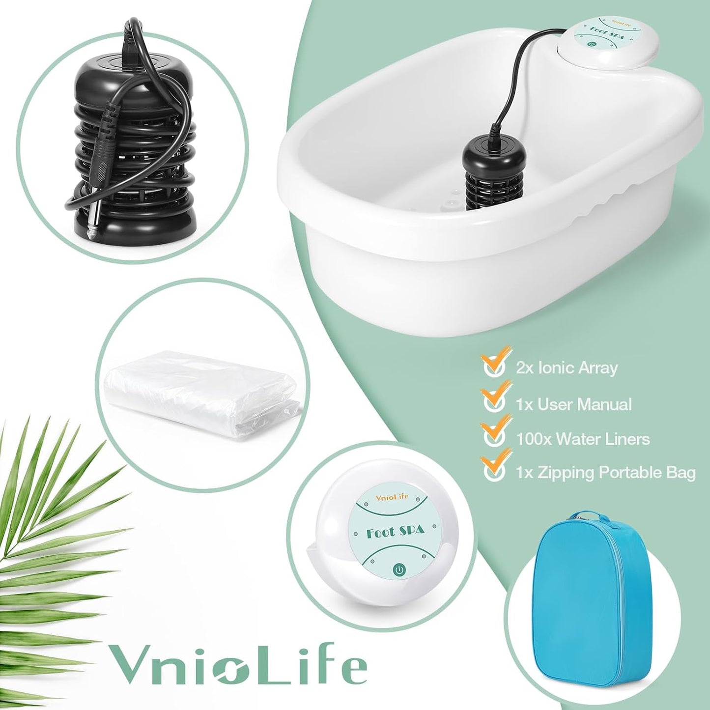 WL VnioLife Ionic Foot Bath Detox Machine with Bag, Portable Detox Foot Spa System, Ion Cleanse Detox Set for Home Beauty Salon Spa Use with Replacement Arrays, 100 Liners