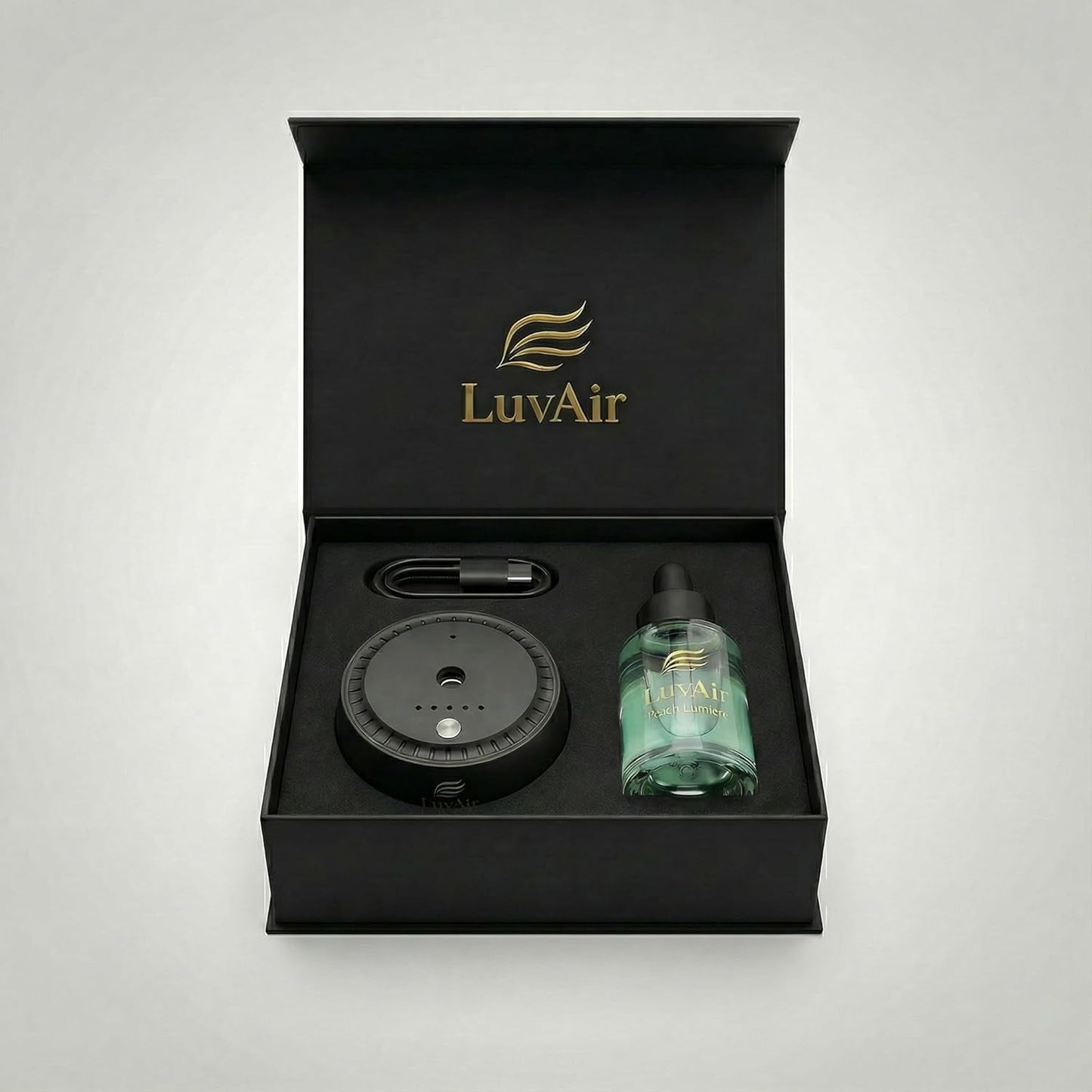 LuvAir Smart waterless car Aroma Diffuser Set, Adjustable Ultra Sonic-Mist Technology, Rechargeable, 100% Natural Fragrance, Aromatherapy Oil Scent Included (Black, Peach Lumiere)