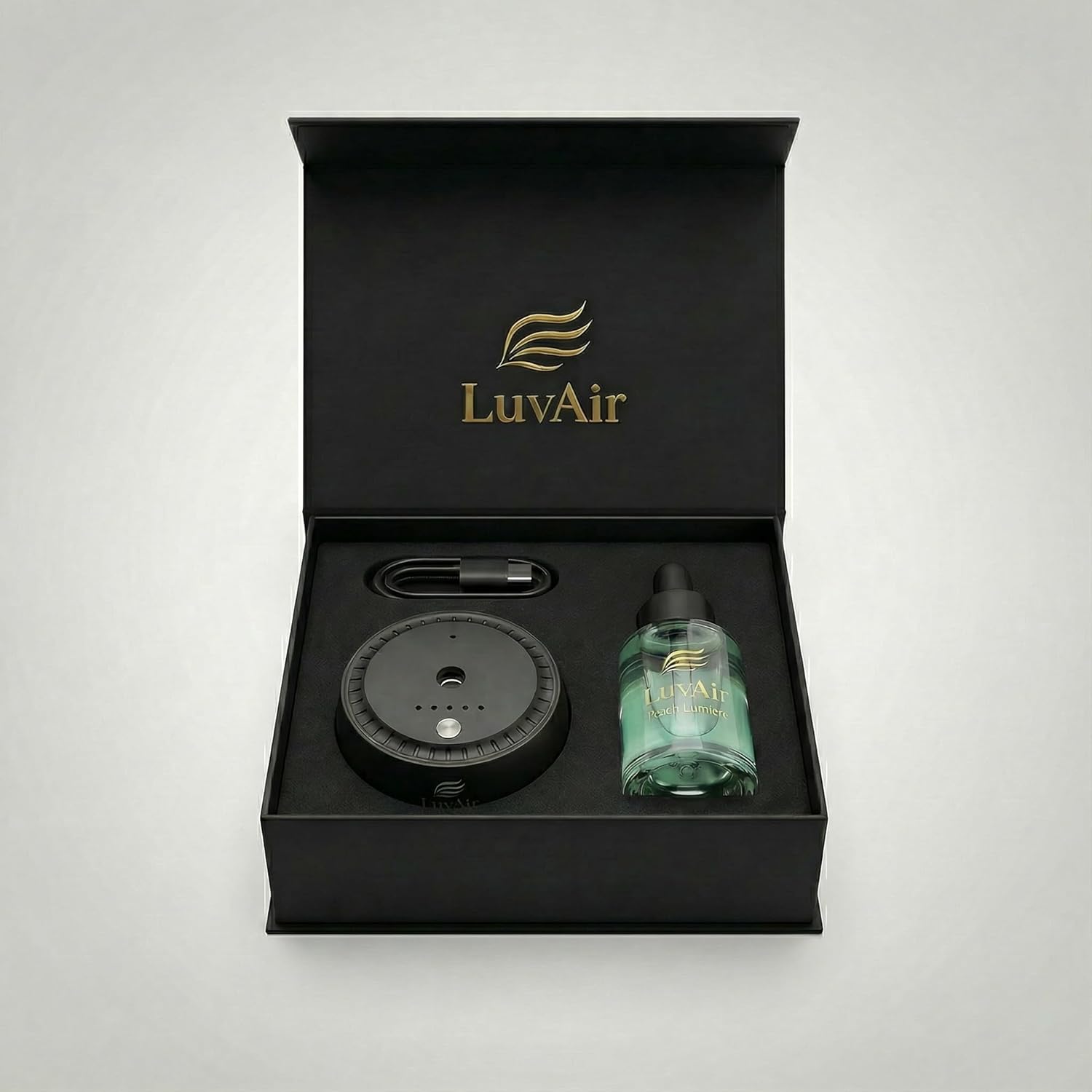 LuvAir Smart waterless car Aroma Diffuser Set, Adjustable Ultra Sonic-Mist Technology, Rechargeable, 100% Natural Fragrance, Aromatherapy Oil Scent Included (Black, Peach Lumiere)