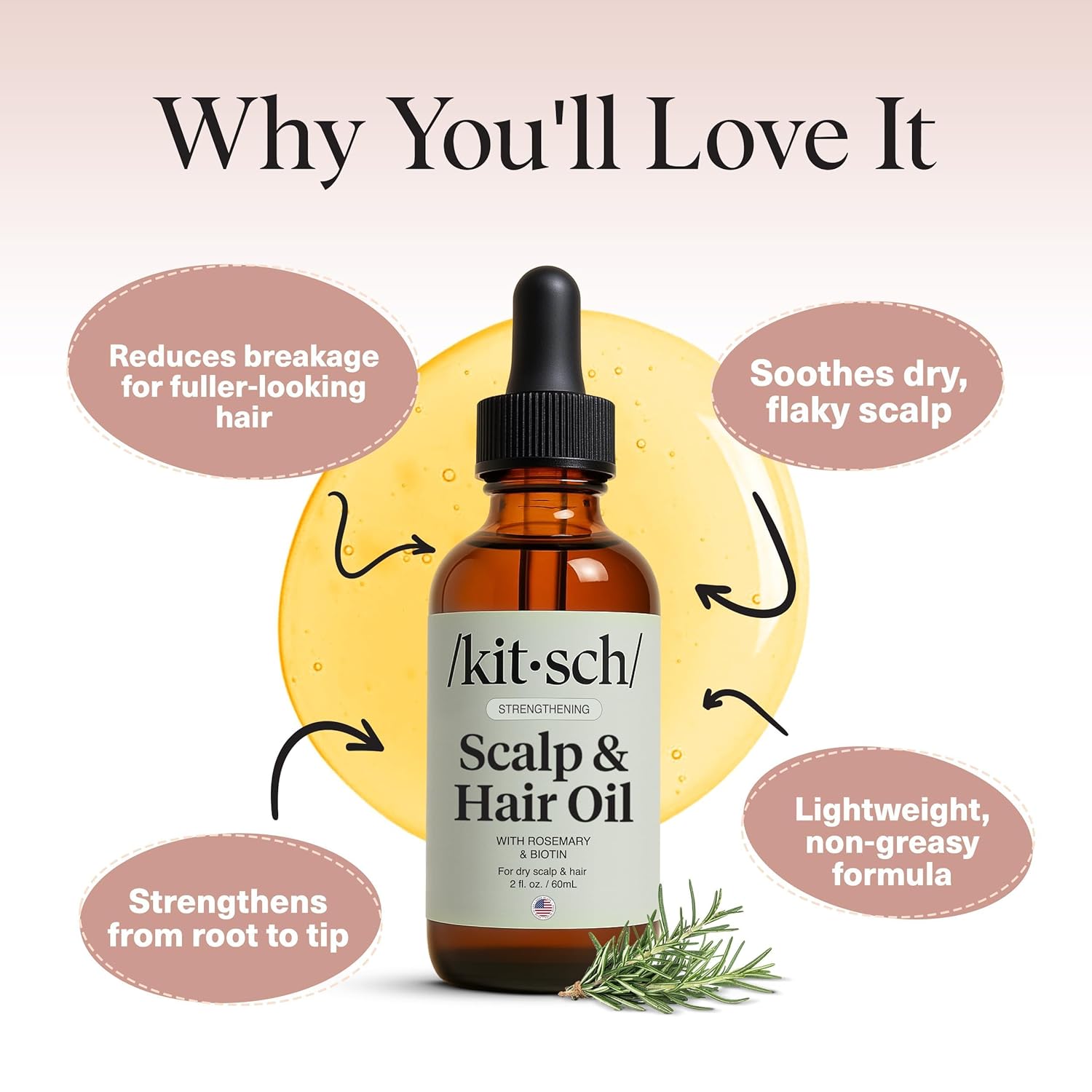 Kitsch Rosemary Oil for Hair Growth – Pre-Wash Hair Oil with Castor, Biotin, Jojoba – Hair Care, Adds Shine, Strengthens Roots, Scalp Treatment | Ideal Gifts for Women – Lavender Scent, 60mL