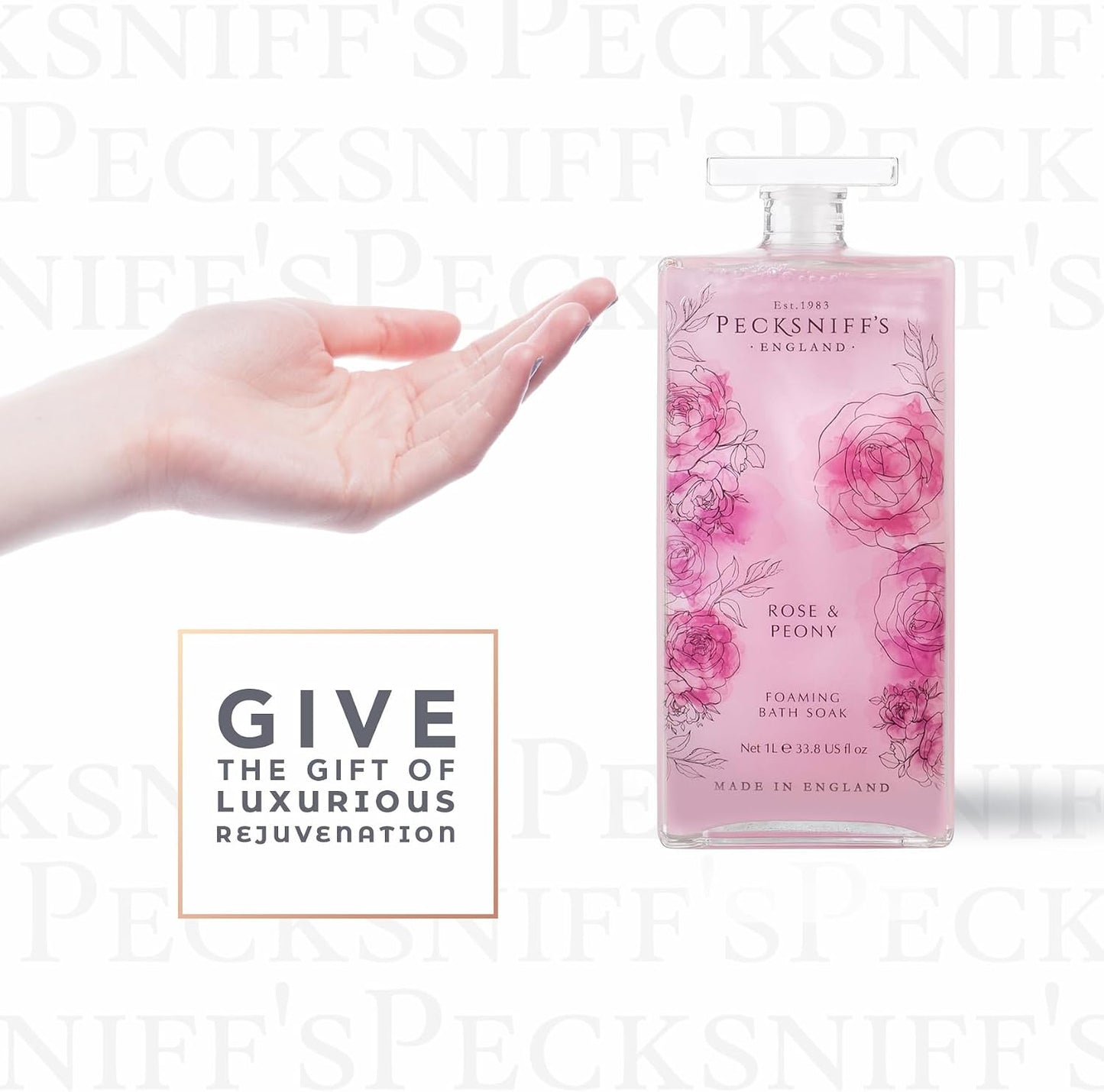 Pecksniff’s Rose & Peony Foaming Bath Soak – Luxury Bubble Bath, 1L / 33.8 fl oz, Made in England