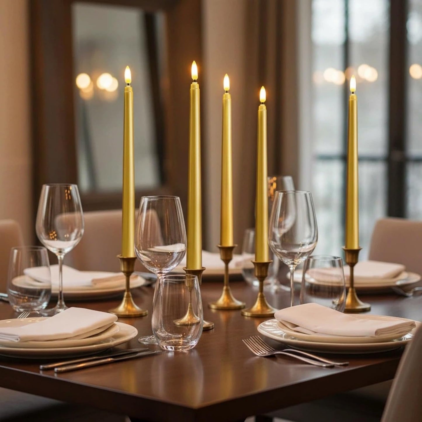 Gold Flameless Taper Candles with Remote, Flickering Battery Powered LED Candlesticks Set of 4