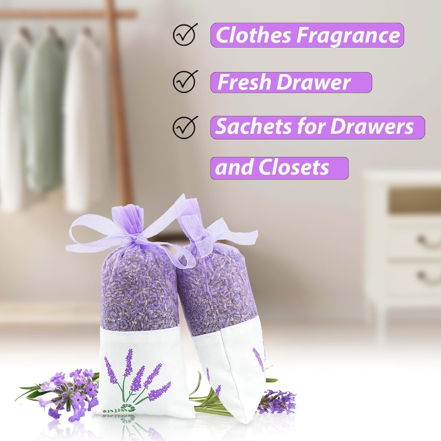 8 Packs Lavender Sachets for Drawers and Closets, Long-Lasting Lavender Scented Sachets Home Fragrance Hanging Closet Car Freshener Odor Eliminator, Smell Good for House
