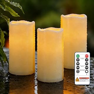 Raycare 3"x6" Outdoor Waterproof Flameless Candles, Battery Operated LED Electric Candles with Remote and Timers, Fake Pillar Candle for Patio, Porch, and Wedding Decor, Ivory, Set of 3