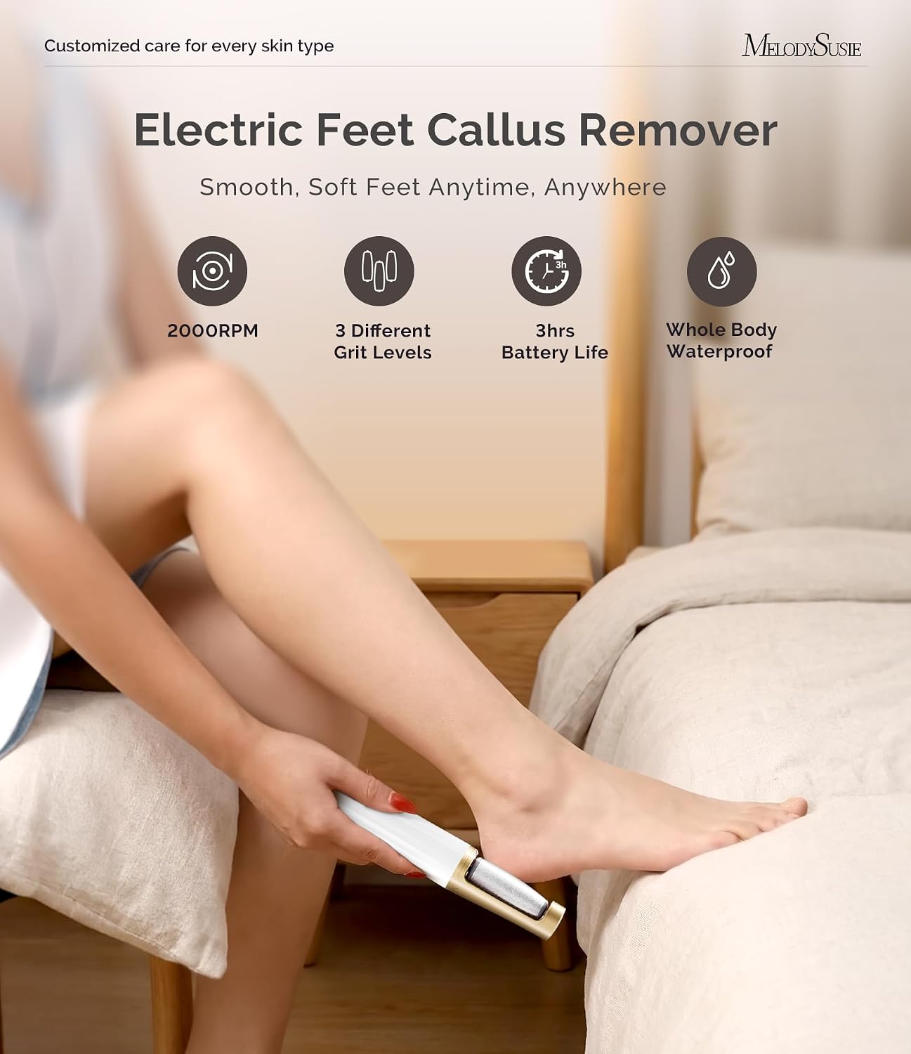 MelodySusie Electric Callus Remover for Feet, PC800G IPX7 Waterproof Rechargeable Pedicure Tool with LED Light & 3 Grits Roller Heads & Adjustable Speeds, for Dead Skin & Cracked Heel, White Gold