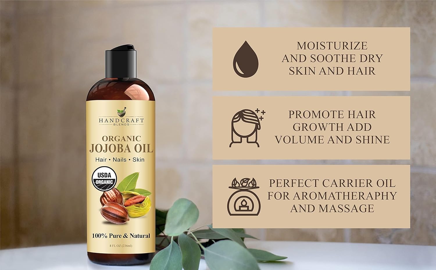 Handcraft Blends USDA Organic Jojoba Oil | Cold-Pressed | 8 Fl Oz | 100% Pure & Natural | for Hair, Skin & Face | Premium Grade Carrier Oil | for Massage & Aromatherapy | Hexane-Free