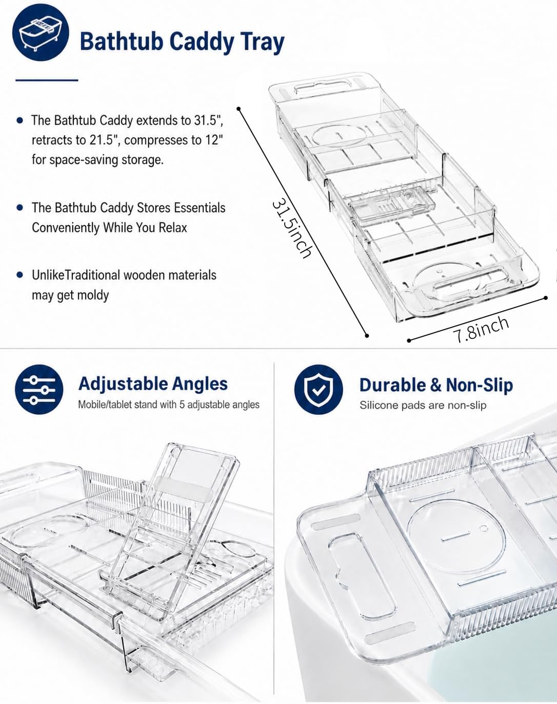 Bathtub Caddy Tray,Adjustable Bathtub Tray Table, Bath Organizer for Relaxing Spa-Features 2 Cup Holders, A Phone Stand with 5 Angle Adjustments,Non-Slip Silicone Pads,Won't Get Moldy,Easy to Clean.