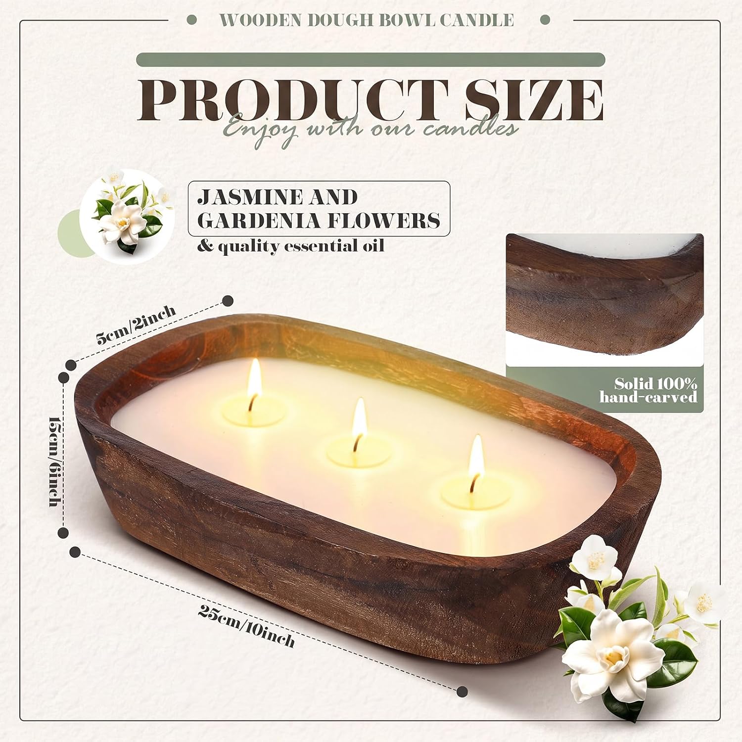 Threlaco 1 Pack 10 Inch Wood Dough Bowl Candles Home Rustic Dough Bowl Soy Candle 3 Wick Scented Candles Gifts for Men Women Farmhouse Table Centerpiece Home Decor for Christmas(Jasmine Gardenia)