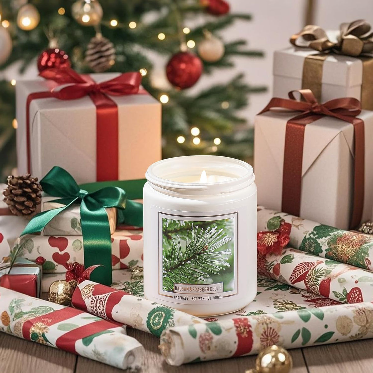 Homsolver 7OZ Balsam Fir Pine Candle, Christmas Scented Candles, Holiday Natural Soy Candles with 50 Hour Burn Time, Fir Cedar Tree Scent Gifts for Women Men, Wedding Favors for Guests, Souvenir Gifts