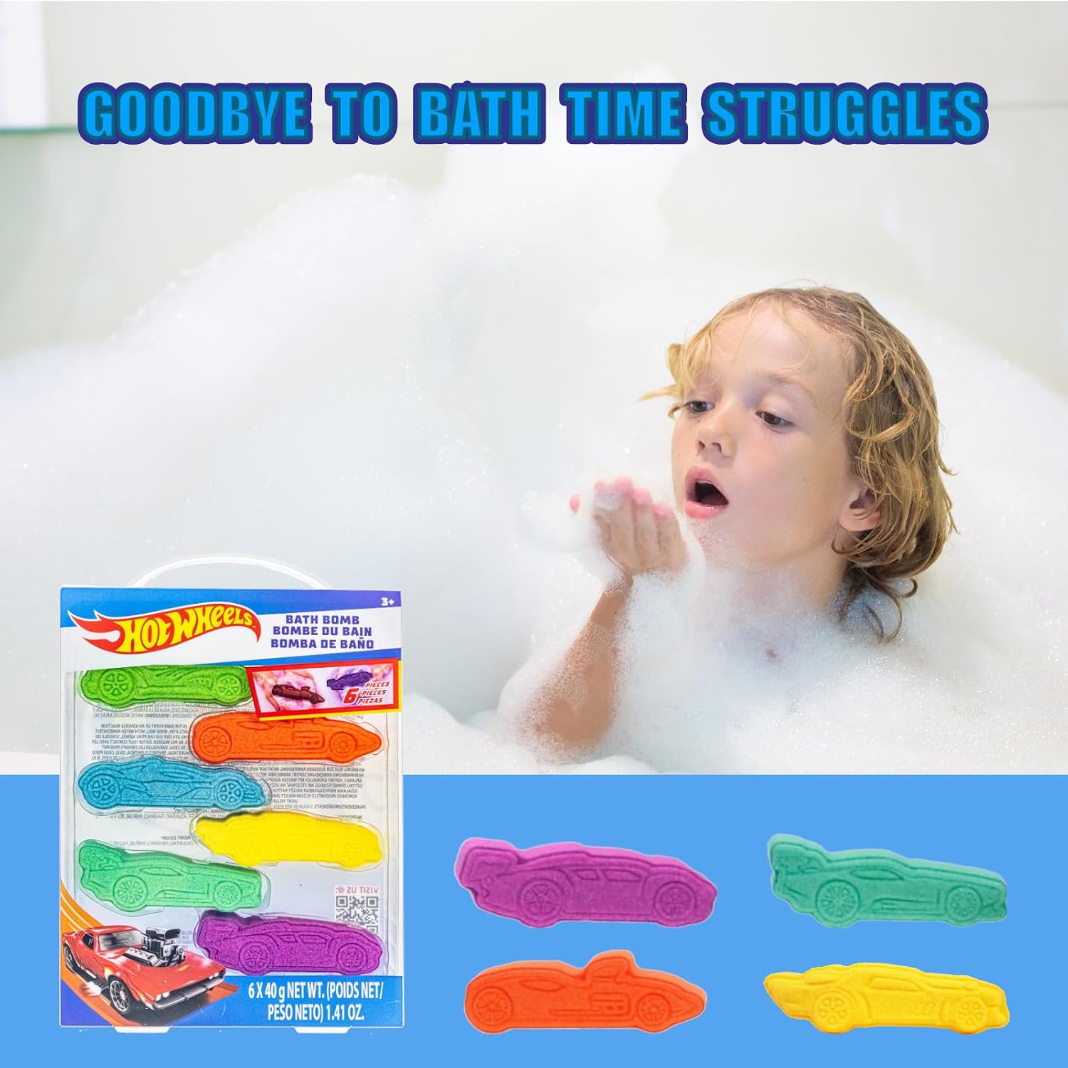 Hot Wheels 6 Piece Bath Bombs for Kids, Bubble Gum Scented, Bath Toys for Kids, Ages 3+, by Townley Girl