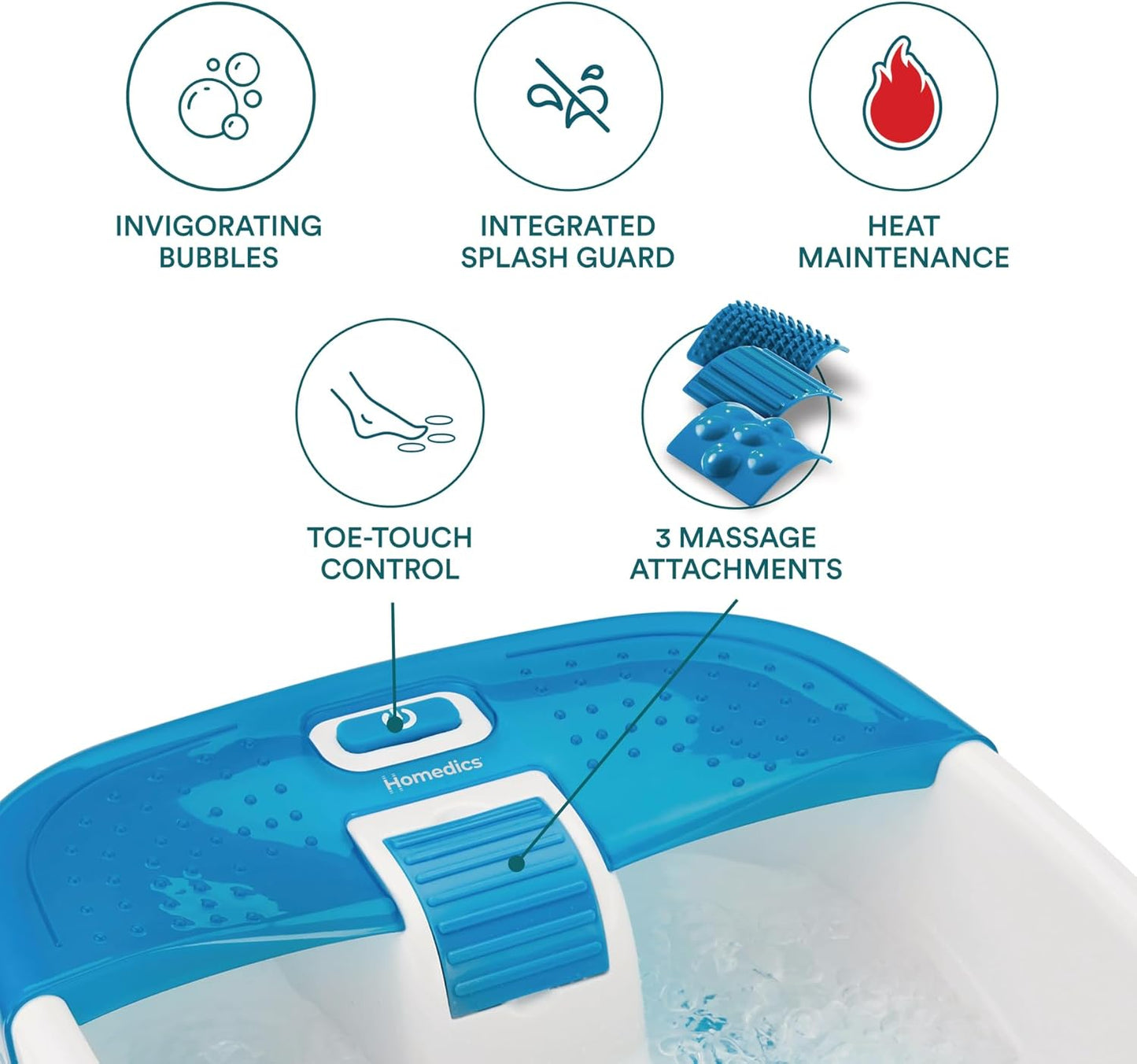 HoMedics Bubble Bliss Deluxe Foot Spa with Heat Massaging Arch, 3 Acupressure Attachments, Splash Guard, Raised Nodes Creates Bubbles, Improves Circulation, Soothe Tired Muscles