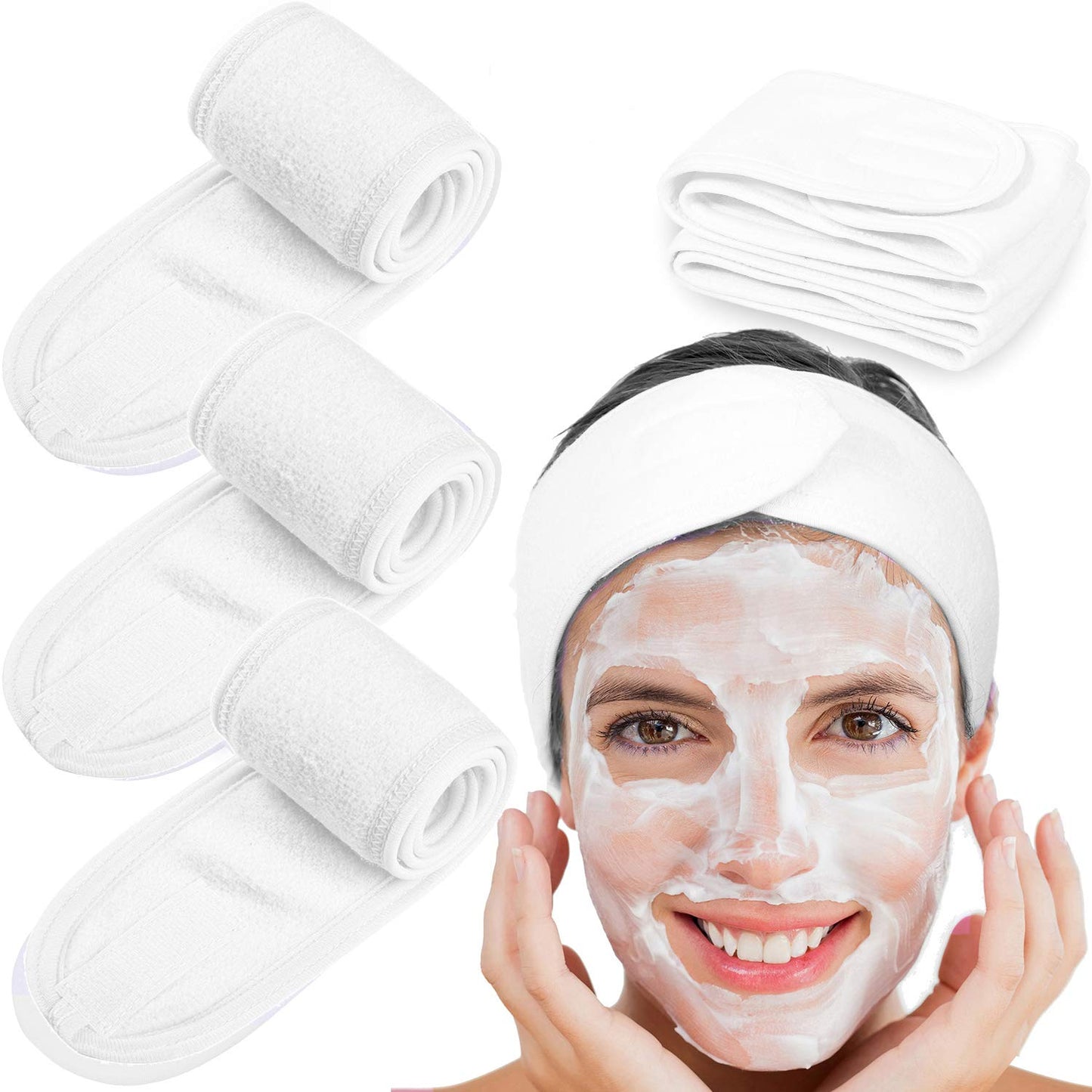 Whaline Spa Facial Headband Head Wrap Terry Cloth Towel, 4 Counts, White | Stretch, for Bath Makeup and Sport