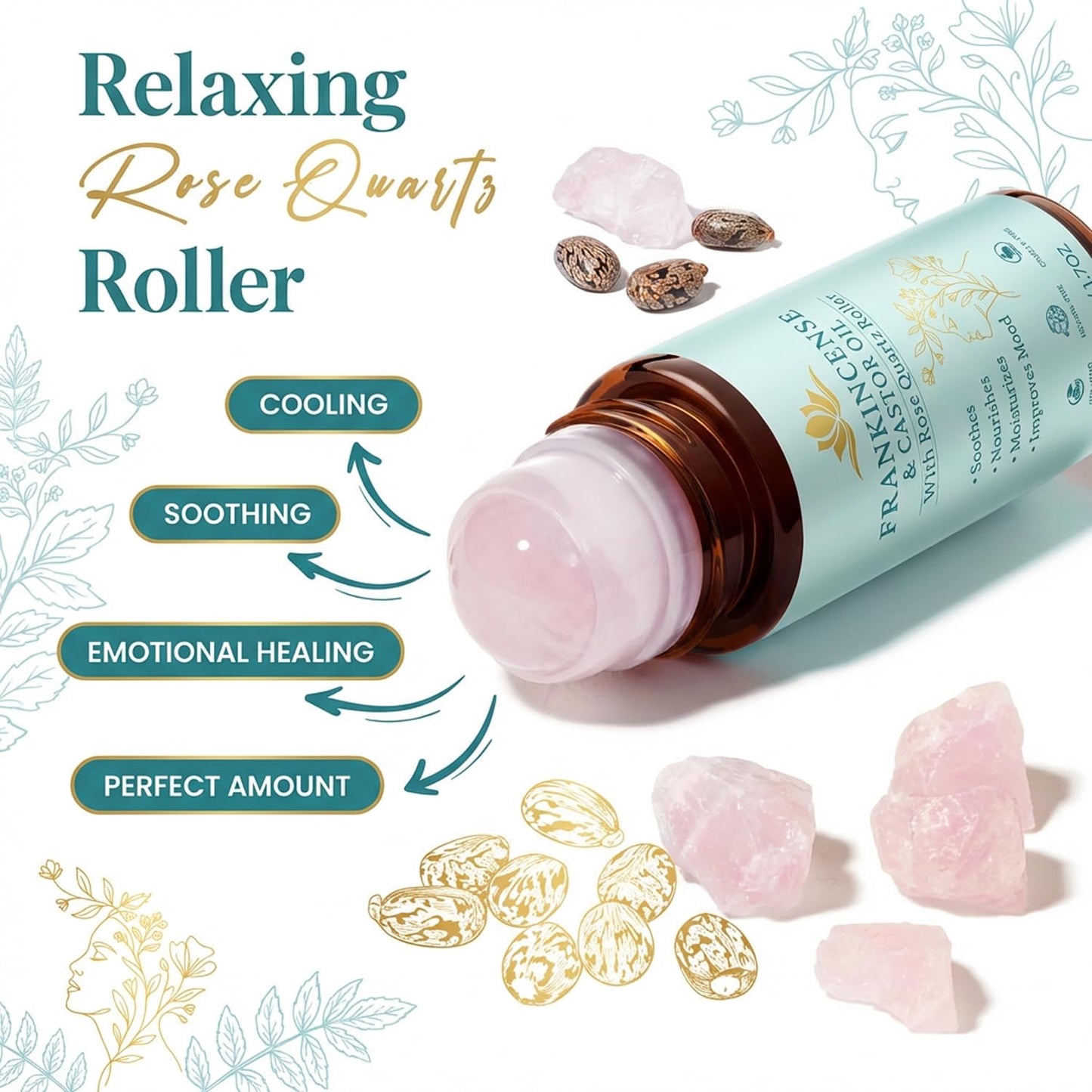 Castor Oil and Frankincense Roll On – Rose Quartz Roller Ball, Organic Cold Pressed Castor Oil for Eyebrows, Face & Neck, Firms Skin Feel Soft Smooth & Brightens Eyes, 1.7 fl oz