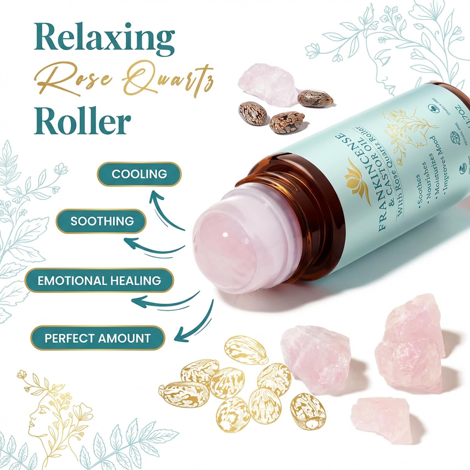 Castor Oil and Frankincense Roll On – Rose Quartz Roller Ball, Organic Cold Pressed Castor Oil for Eyebrows, Face & Neck, Firms Skin Feel Soft Smooth & Brightens Eyes, 1.7 fl oz