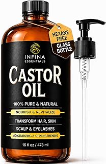 INFINA ESSENTIALS Pure Cold Pressed Castor Oil - Hexane Free, Glass Bottle for Hair Growth, Face, Scalp, Skin & Eyelashes - Nourishing and Moisturizing - 16 fl oz