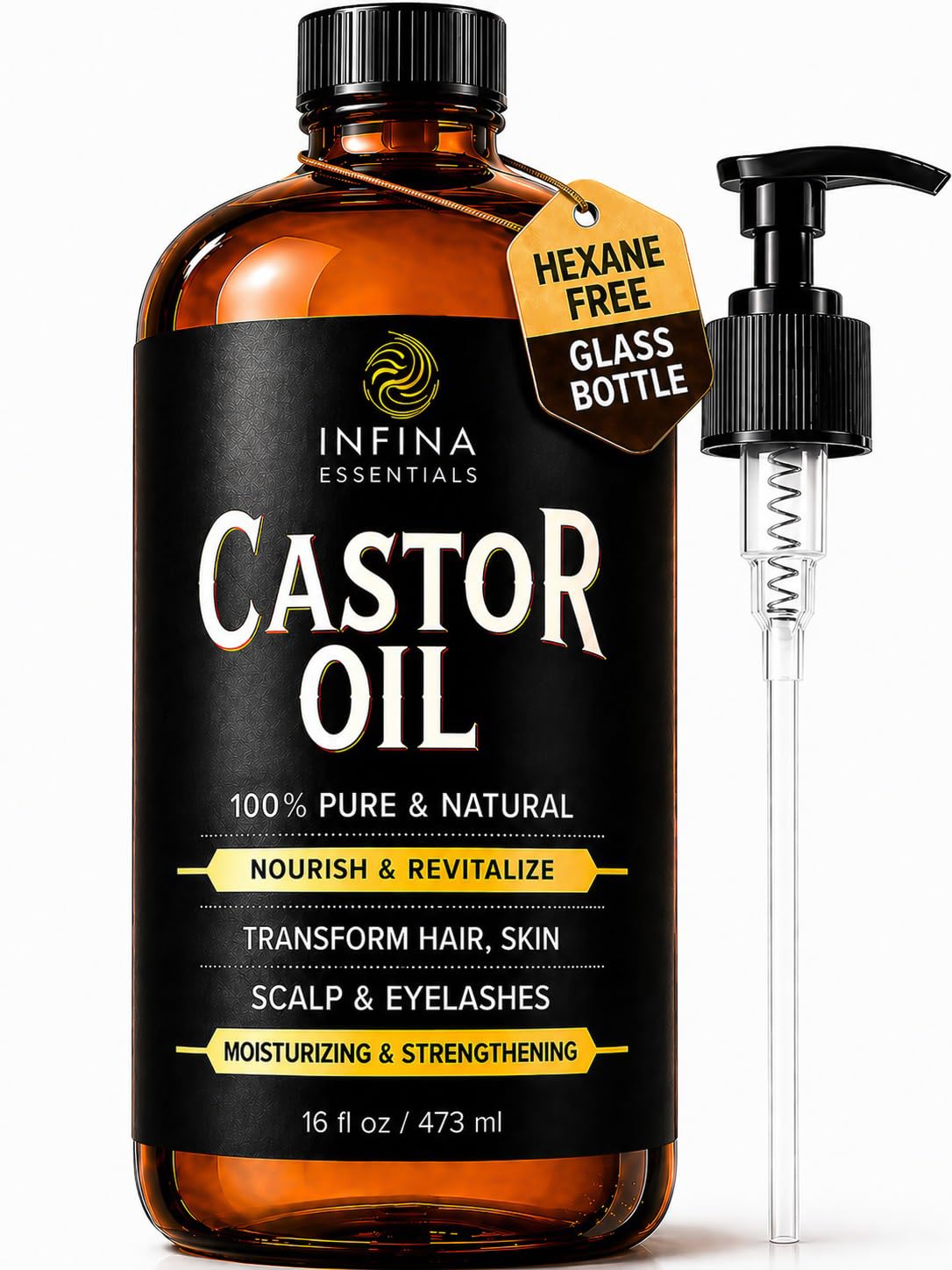 INFINA ESSENTIALS Pure Cold Pressed Castor Oil - Hexane Free, Glass Bottle for Hair Growth, Face, Scalp, Skin & Eyelashes - Nourishing and Moisturizing - 16 fl oz