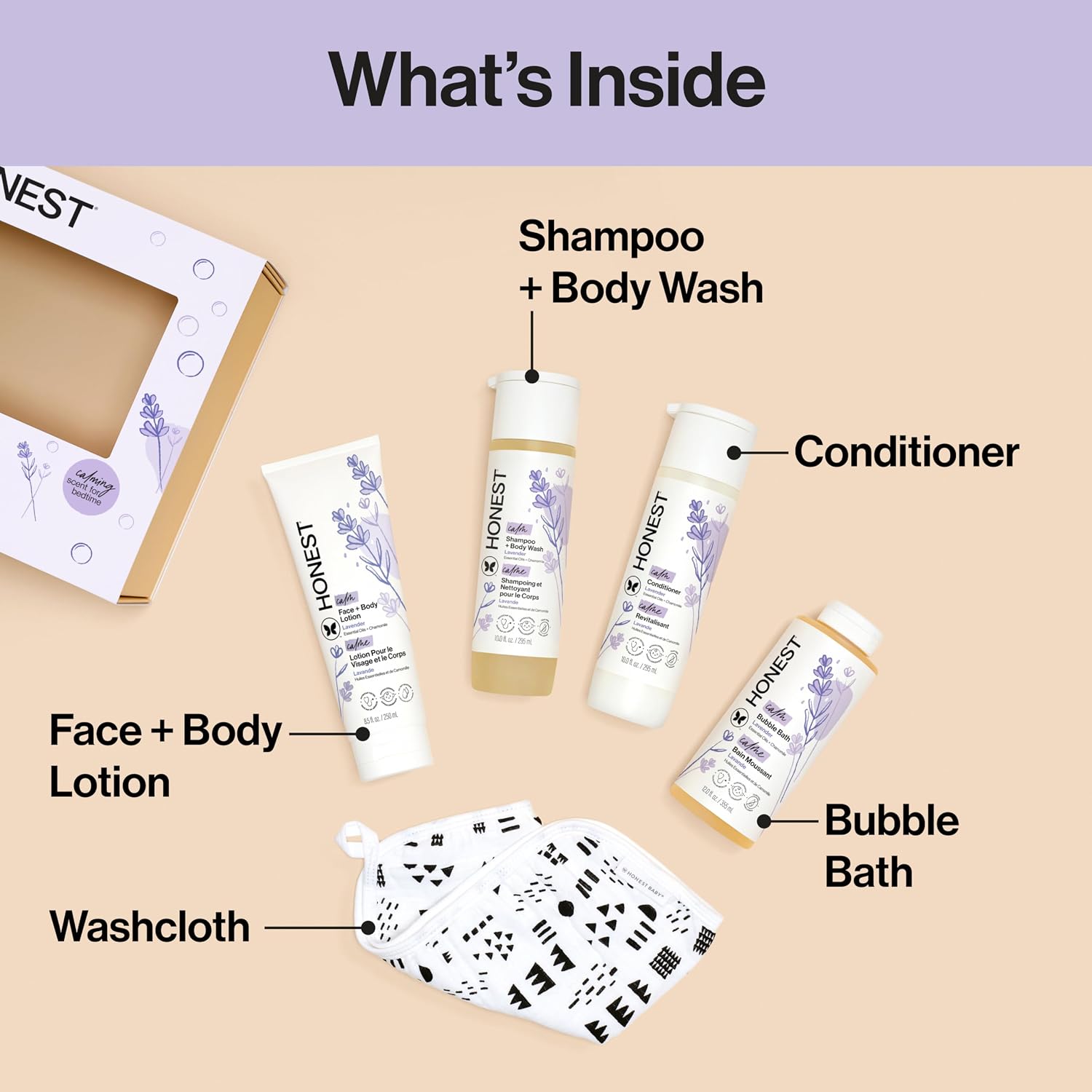 The Honest Company Calming Lavender Bathtime Gift Set Hypoallergenic Bath Essentials for Sensitive Baby Skin Shampoo and Body Wash Face Lotion Bubble Conditioner Cloth