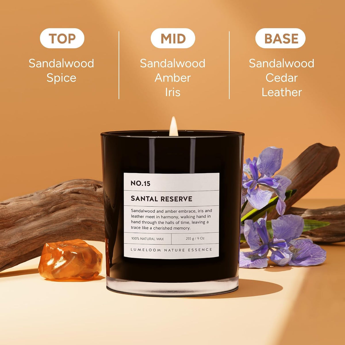 LUMELOOM Santal Reserve Scented Candle 9oz Soy Wax Candles for Home Scented