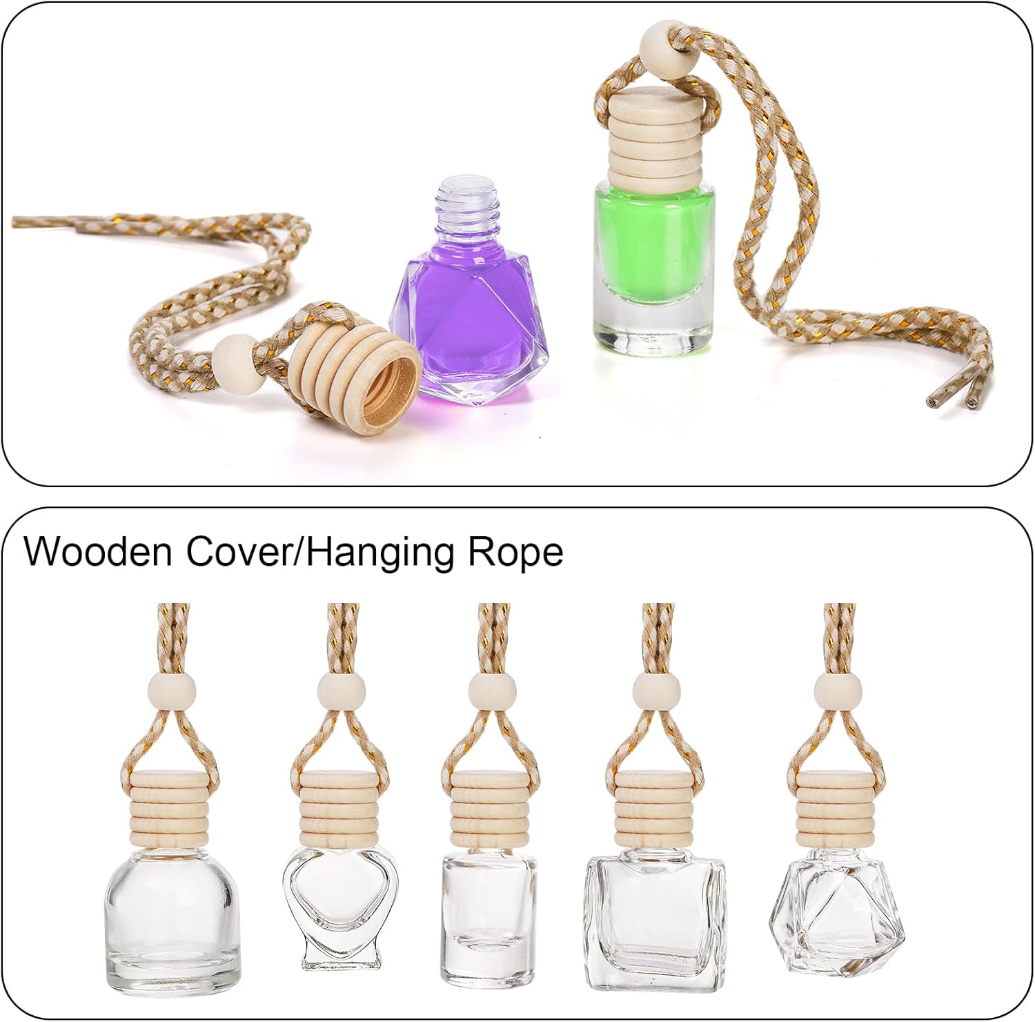 Fasmov 100 Pcs Hanging Car Air Freshener Diffuser, 10ml/8ml/5ml Empty Clear Glass Essential Diffuser Oil Aromatherapy Fragrance Perfume Pendant Glass Vials with Wooden Caps Lanyard, 5 Assorted Style