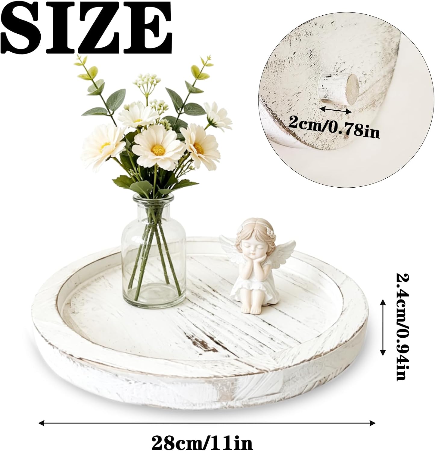 11 Inch Round Distressed White Paulownia Wood Candle Tray with 3 Small Sturdy Feet, Shabby Chic Farmhouse Decor for Coffee Table, Bathroom Vanity & Home Centerpieces