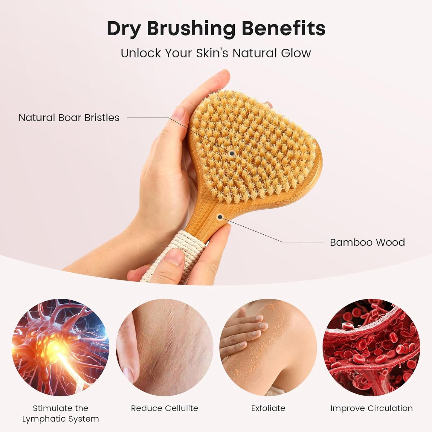 eaxun Bamboo Dry Brushing Set with Body and Face Brush, Dry Scrub Brush with Exfoliating Natural Boar Bristle for Lymphatic Drainage, Cellulite Reduction, Blood Circulation and Glowing Skin, 2 Pack