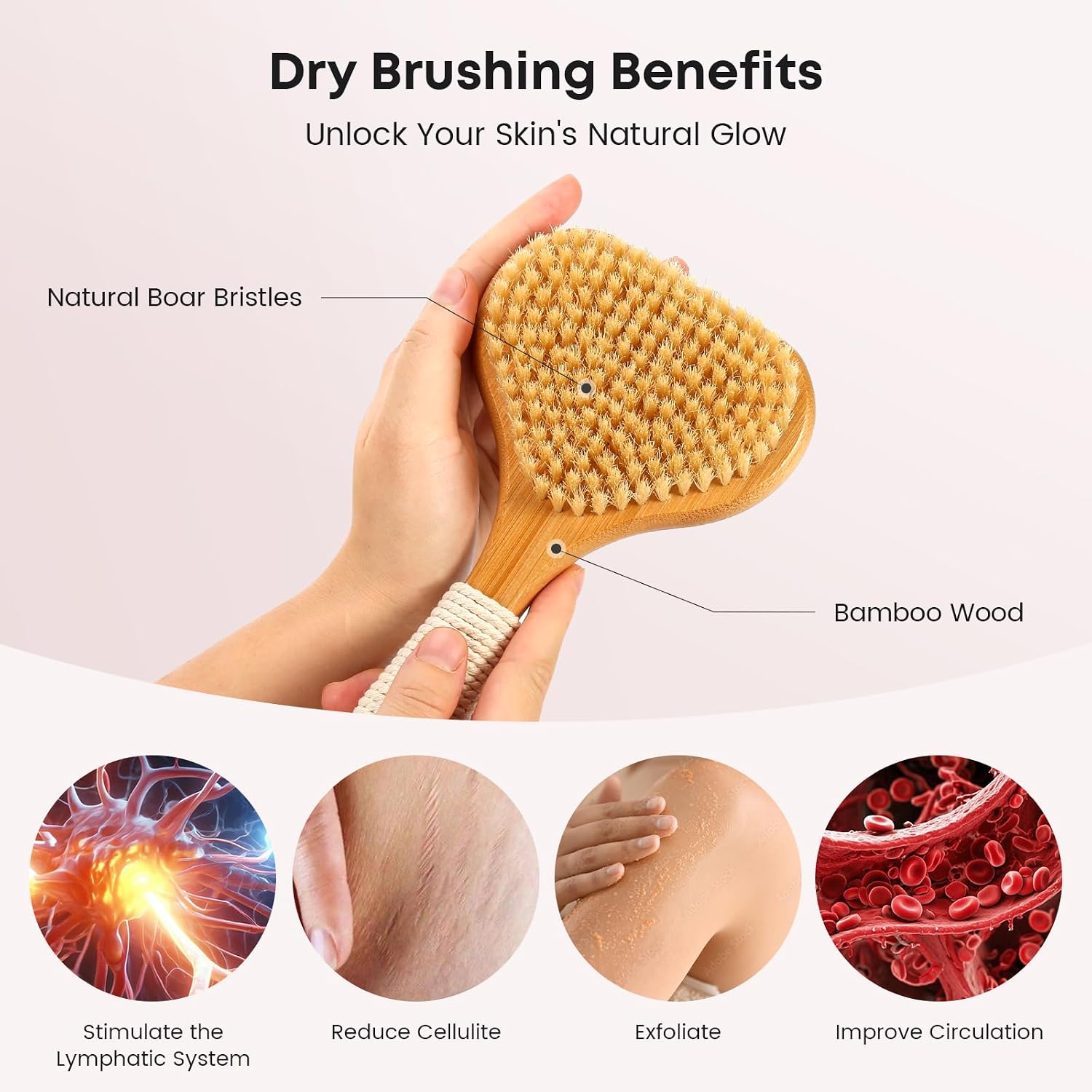 eaxun Bamboo Dry Brushing Set with Body and Face Brush, Dry Scrub Brush with Exfoliating Natural Boar Bristle for Lymphatic Drainage, Cellulite Reduction, Blood Circulation and Glowing Skin, 2 Pack