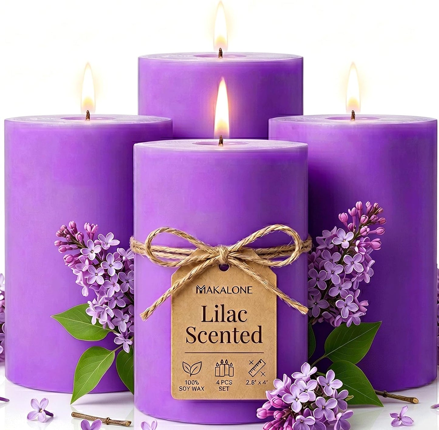 4 Pack Lilac Scented Soy Pillar Candle 2.8x4In,240H Long Burn,Natural Spring Floral Aromatherapy Hand-Poured Candles for Stress Relief,Relaxation & Home Decor,Mother’s Day Gifts,Smokeless & Non-Toxic
