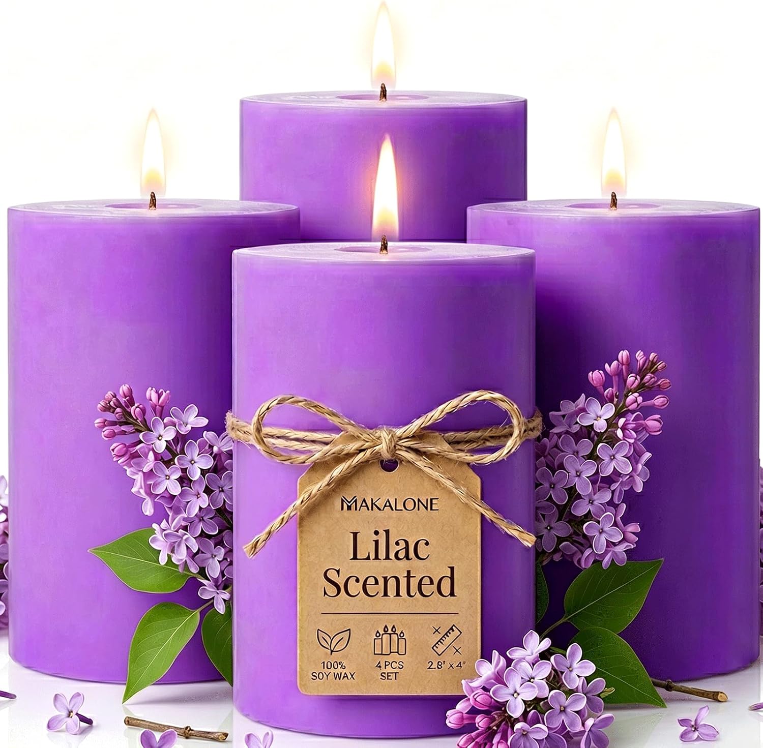 4 Pack Lilac Scented Soy Pillar Candle 2.8x4In,240H Long Burn,Natural Spring Floral Aromatherapy Hand-Poured Candles for Stress Relief,Relaxation & Home Decor,Mother’s Day Gifts,Smokeless & Non-Toxic
