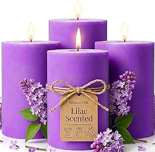 4 Pack Lilac Scented Soy Pillar Candle 2.8x4In,240H Long Burn,Natural Spring Floral Aromatherapy Hand-Poured Candles for Stress Relief,Relaxation & Home Decor,Mother’s Day Gifts,Smokeless & Non-Toxic