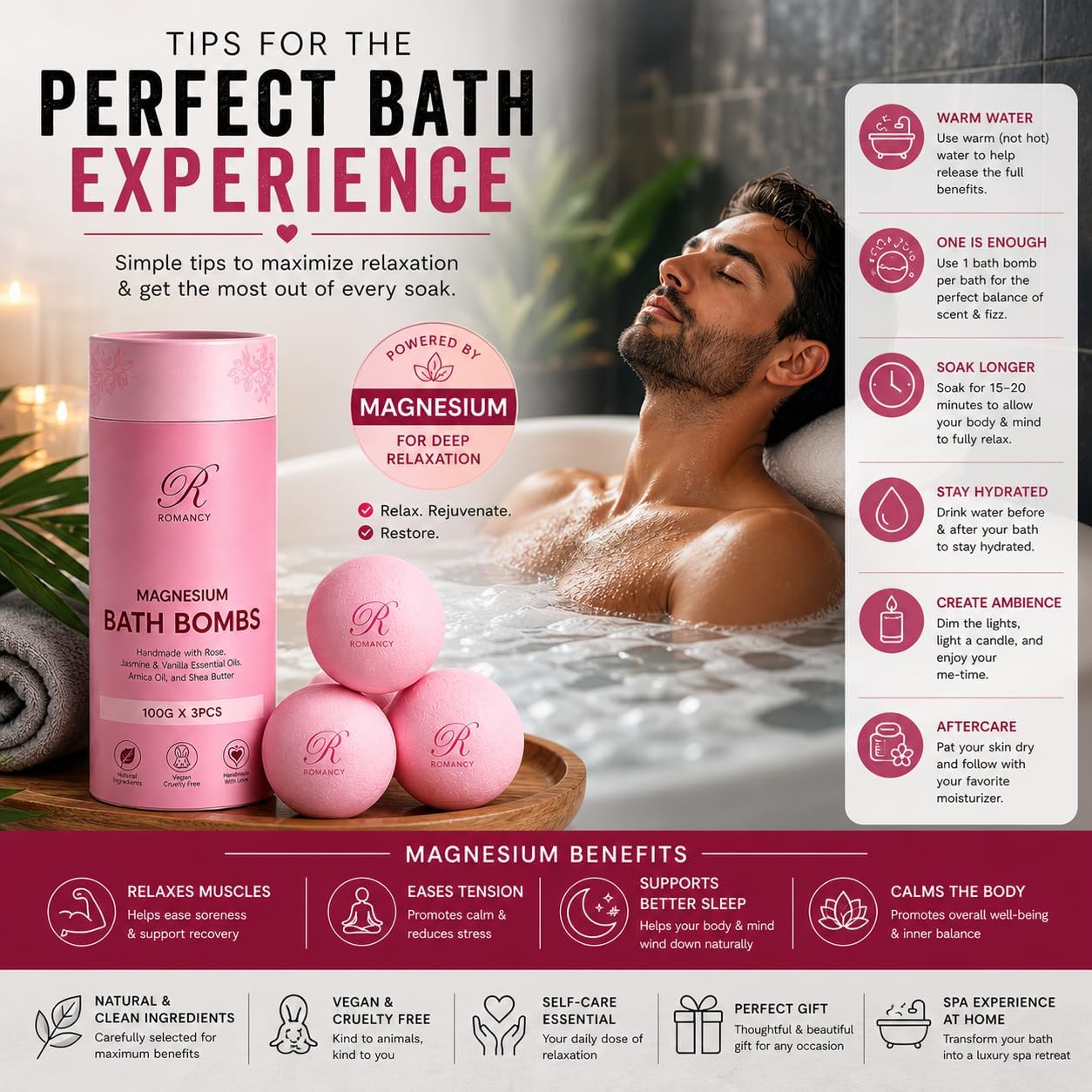 Magnesium Bath Bombs Rose Gift Set for Women & Men – Rose, Jasmine & Vanilla Essential Oils – Epsom Salt for Stress Relief, Muscle Recovery & Post-Workout Relaxation – Sleep Support Spa Self Care