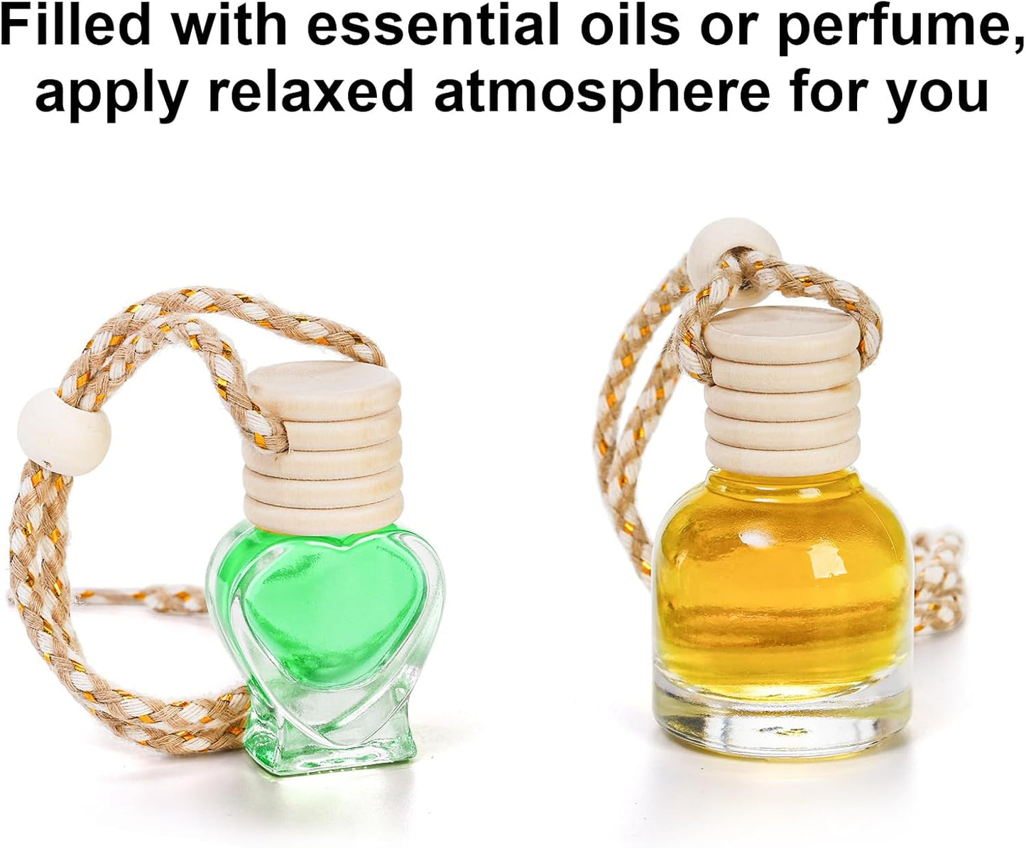 Fasmov 100 Pcs Hanging Car Air Freshener Diffuser, 10ml/8ml/5ml Empty Clear Glass Essential Diffuser Oil Aromatherapy Fragrance Perfume Pendant Glass Vials with Wooden Caps Lanyard, 5 Assorted Style