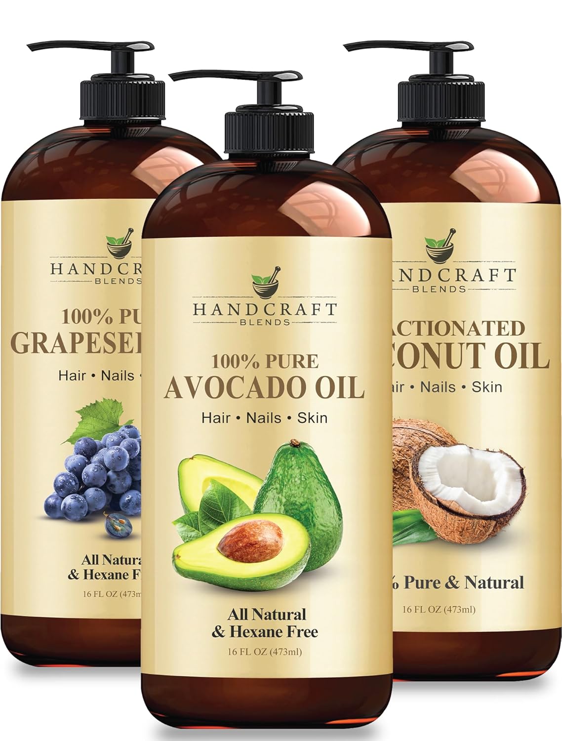 Handcraft Blends Complete Care Trio: Fractionated Coconut Oil, Grapeseed Oil, and Avocado Oil – (3 x 16 Fl Oz) – 100% Pure & Natural – Bulk Carrier Oils for Skin, Massage, and Hair