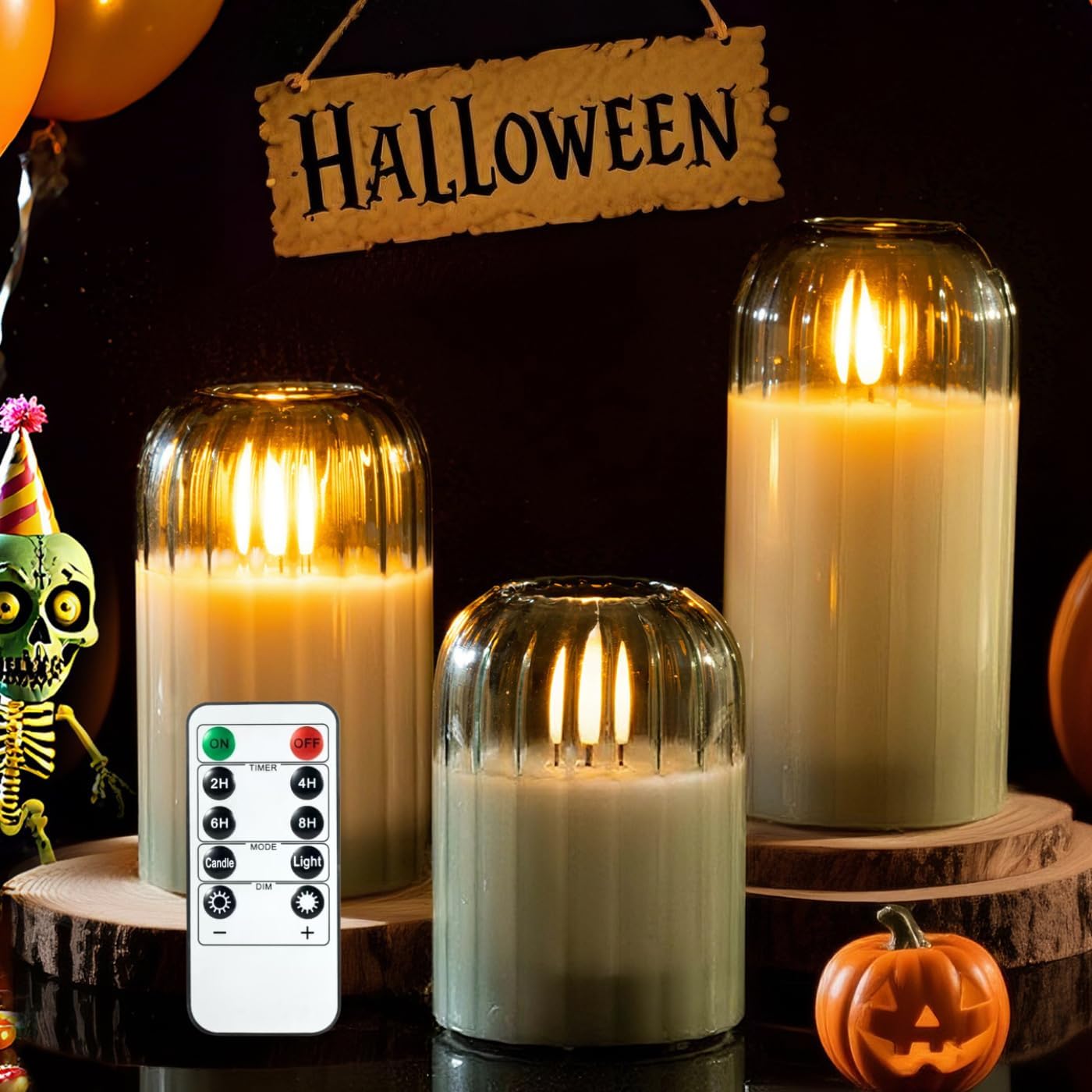 Glass Ribbed Flameless Candles - Battery Candles with Remote Timer, Green Glass LED Candles with Pumpkin Shape, Warm Light, Lasting 350 Hrs and Brightness Adjustment, Φ 3" H 4" 5" 6", Set of 3
