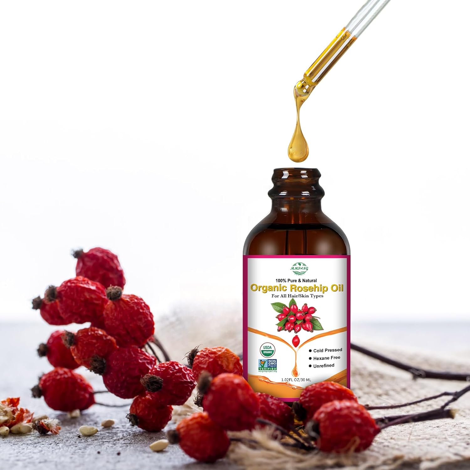 Organic Rosehip Seed Oil for Face, USDA Certified, Cold Pressed, Unrefined, 100% Pure Natural Rose Hip Oil for Anti-Aging, Acne Scar Treatment, Skin & Hair Care, Gua Sha Massage, 1 fl.oz / 30ml