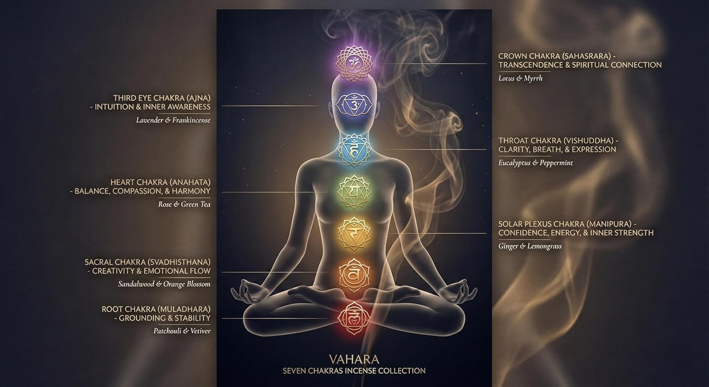 Incense Sticks Variety Pack Natural Masala Incense Sticks, 7 Chakra Sandalwood Incense for Meditation, Yoga & Relaxation Hand Rolled Aromatherapy Vahara Gift Set