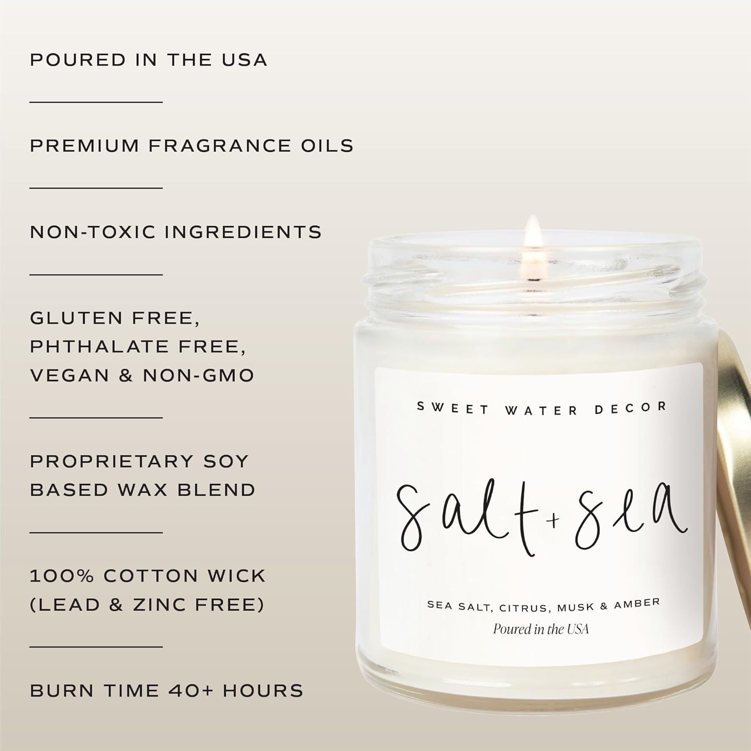 Sweet Water Decor Salt and Sea Candle - Sea Salt, Citrus, Amber, Musk, Beach Scented Soy Candles for Home - Coastal Decor for Beach Lovers - 9oz Clear Jar, 40 Hour Burn Time, Made in The USA