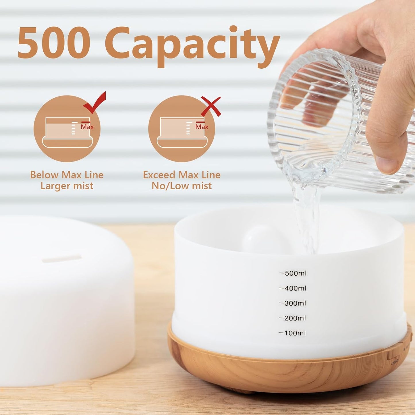 Oil Diffuser, 500ml Essential Oil Diffusers with 2 Mist Mode 4 Timers＆7 Ambient Light Waterless Auto Off, Diffusers Large Room Home Office