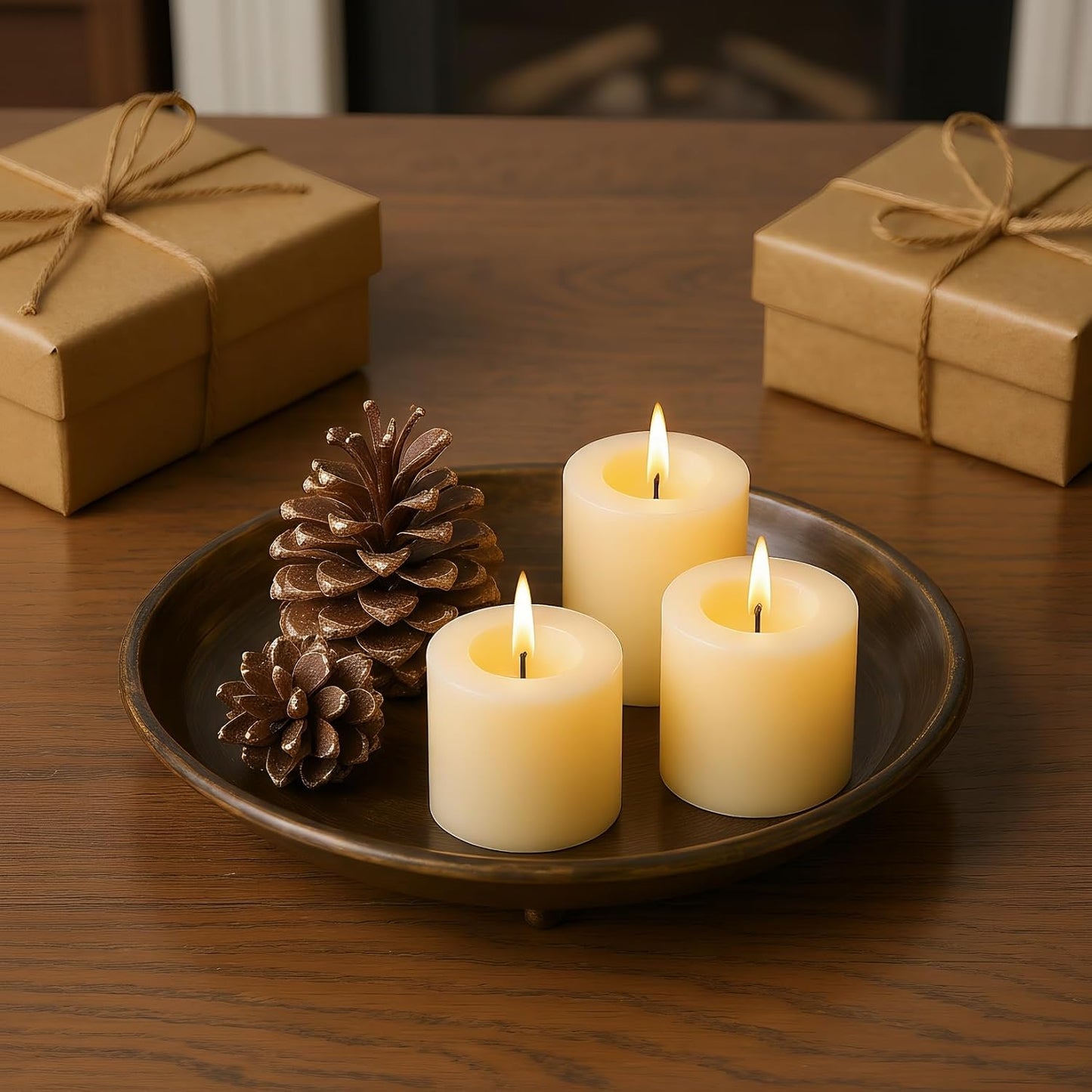 10” Candle Holder Plate Table Décor, Farmhouse Home Decorative Tray for Coffee Table or Dinning Table Centerpieces with 30” Wooden Bead Garland - Black