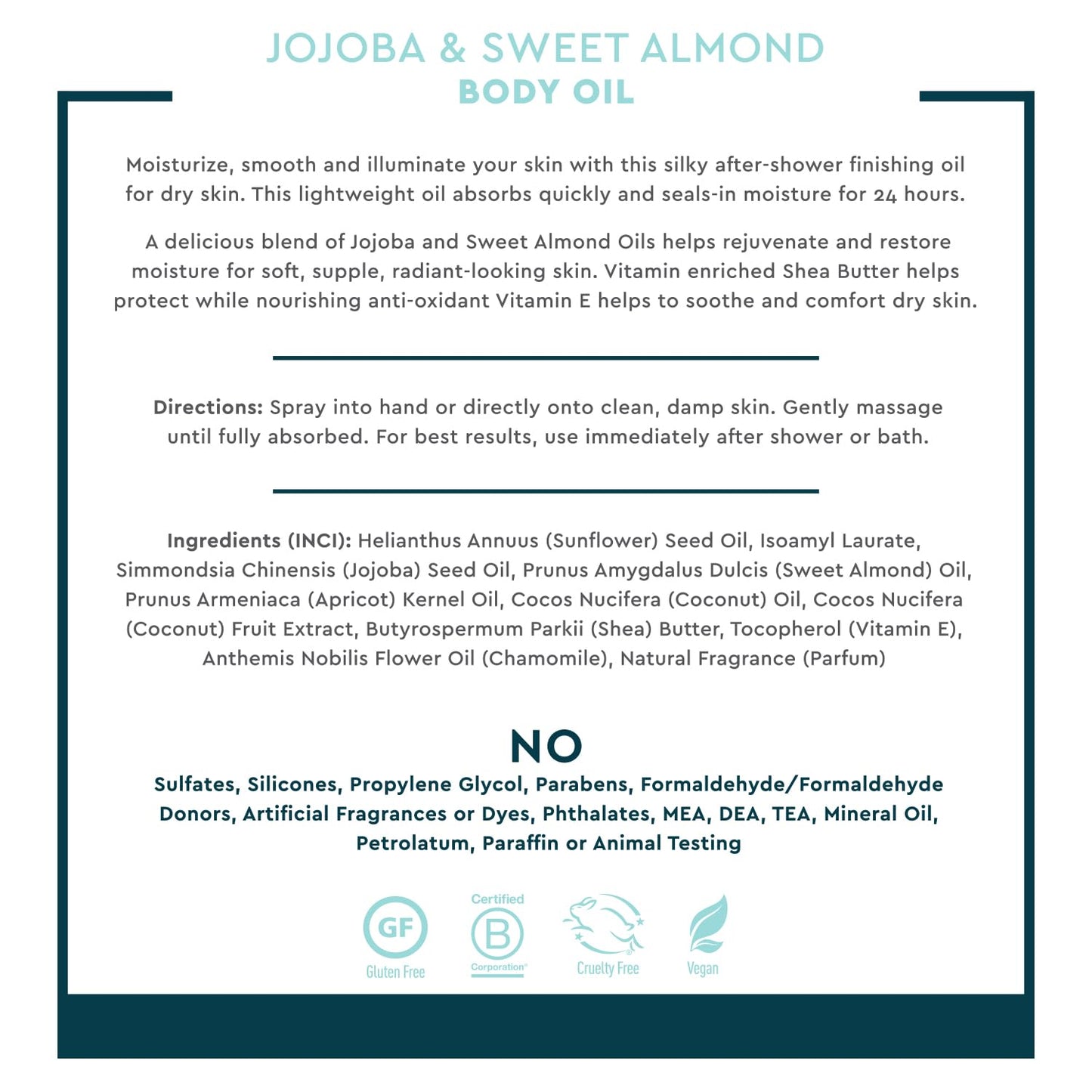 Desert Essence, Jojoba & Sweet Almond Body Oil Spray, 8.28 fl. oz. - Gluten-Free, Vegan, Cruelty Free - 24hour Moisture, Soothes Skin, Perfect for Sensitive Skin, Illuminating Body Spray