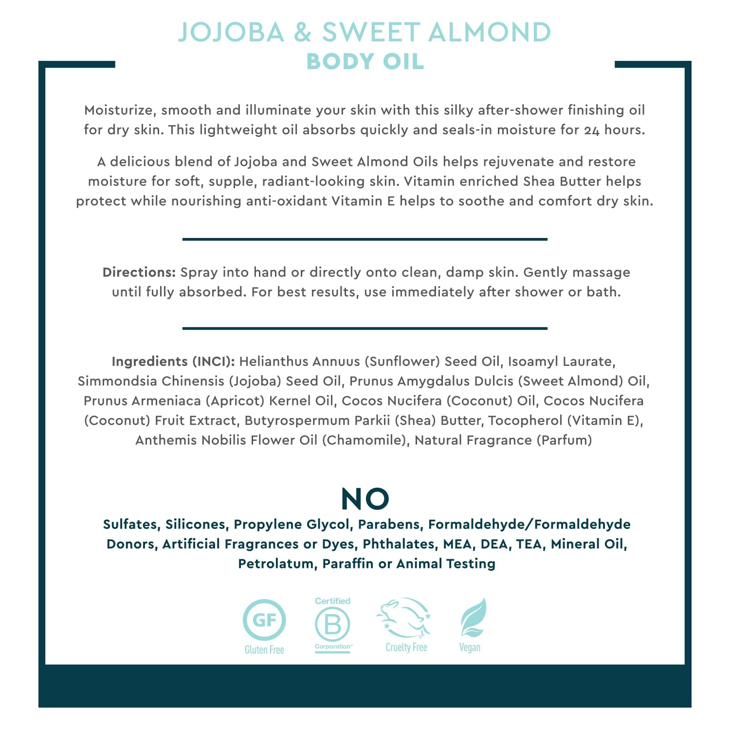 Desert Essence, Jojoba & Sweet Almond Body Oil Spray, 8.28 fl. oz. - Gluten-Free, Vegan, Cruelty Free - 24hour Moisture, Soothes Skin, Perfect for Sensitive Skin, Illuminating Body Spray