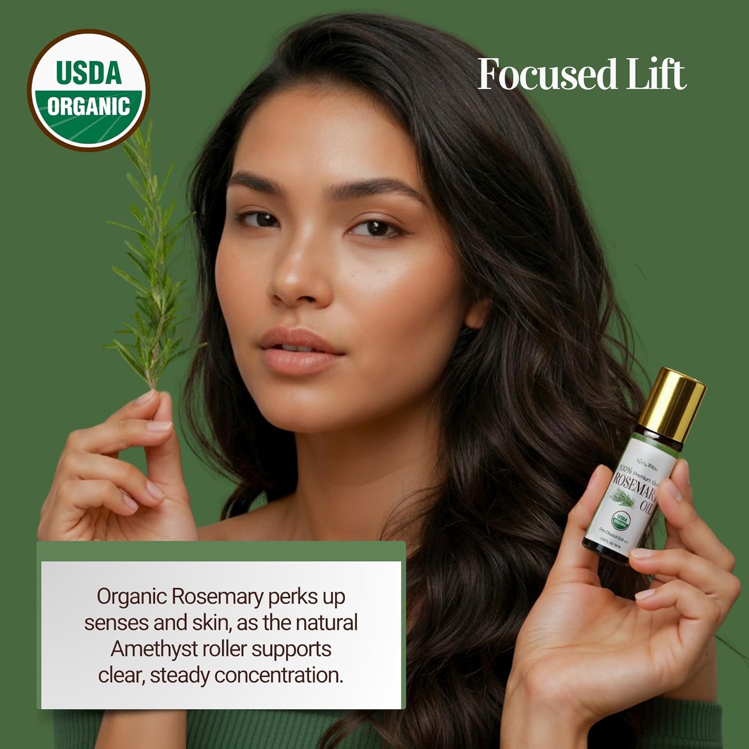 BodyJ4You Rosemary + Peppermint Essential Oil Roll On Duo - Pure 100% USDA Organic MCT Coconut Oil - Amethyst and Clear Quartz Stone Rollers - Scalp Care Focus Cooling Temples Neck Roots - Amber Glass