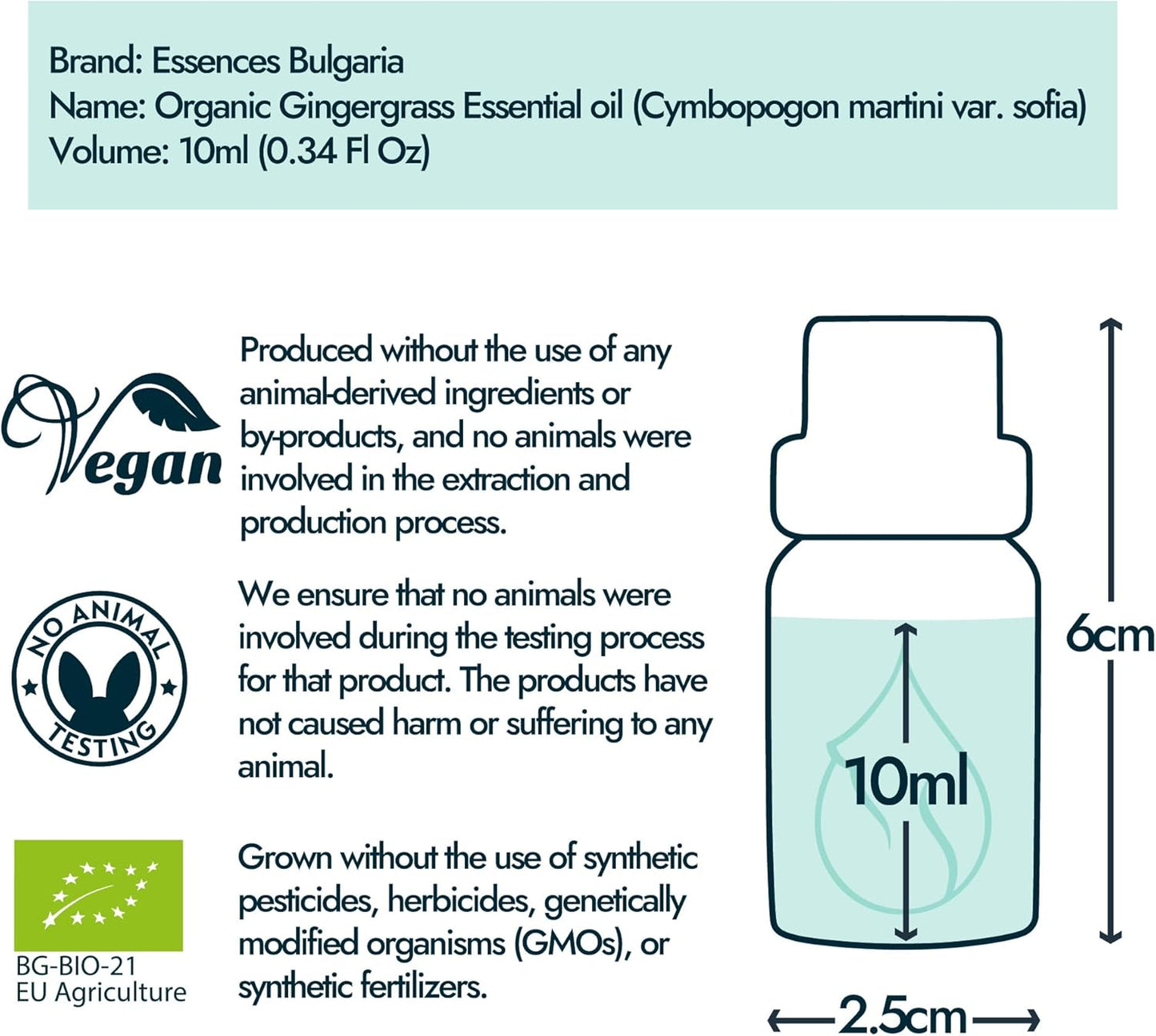 Essences Bulgaria Organic Gingergrass Essential Oil 0.34 Fl Oz | 10ml | Cymbopogon Martini VAR. Sofia | 100% Pure and Natural | Undiluted | Therapeutic Grade | Aromatherapy | Cosmetics | Cruelty Free