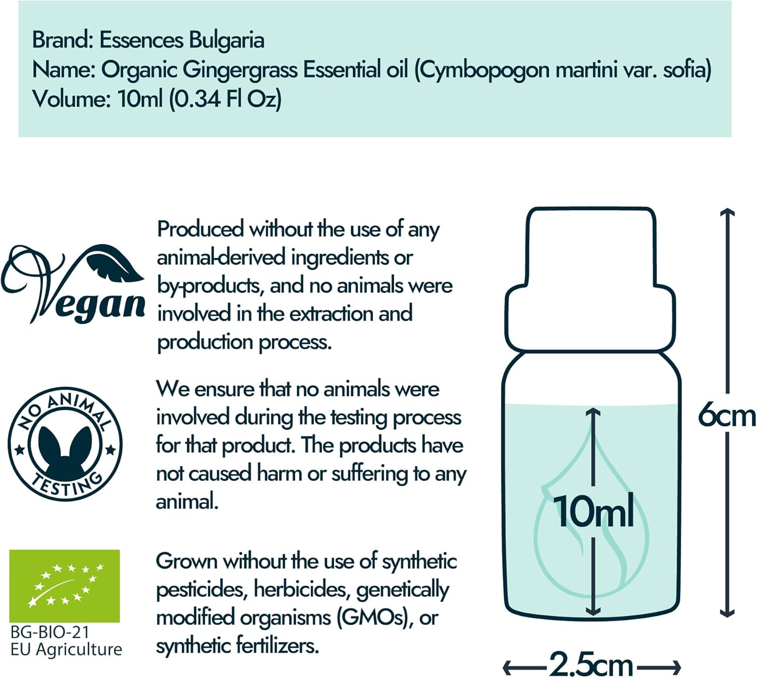 Essences Bulgaria Organic Gingergrass Essential Oil 0.34 Fl Oz | 10ml | Cymbopogon Martini VAR. Sofia | 100% Pure and Natural | Undiluted | Therapeutic Grade | Aromatherapy | Cosmetics | Cruelty Free
