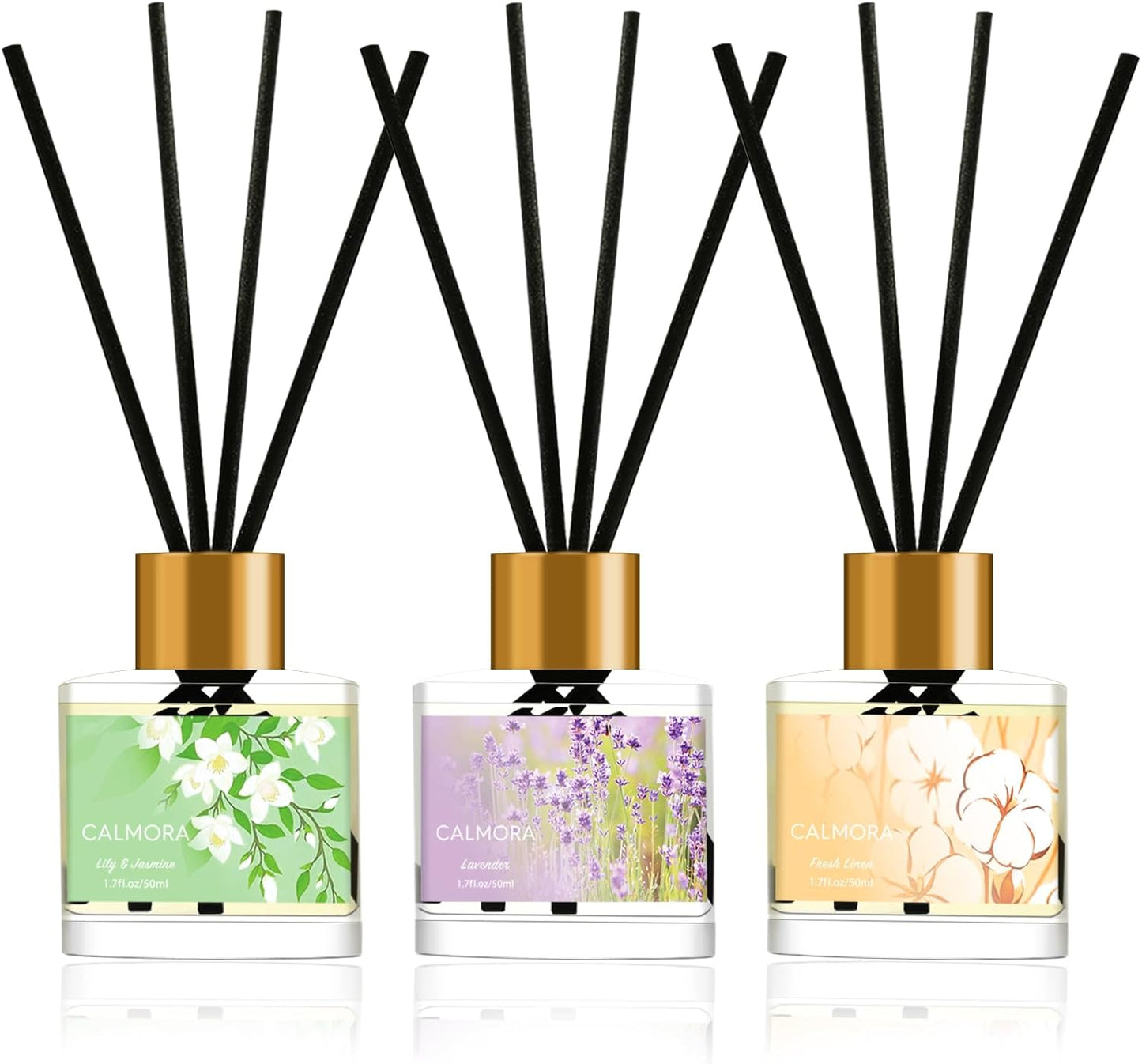 CALMORA Reed Diffuser Gift Set of 3, 50ml Home Fragrance Diffuser with 15 Reeds Sticks | Flameless Lily & Jasmine/Lavender/Fresh Linen Scented Oil for Women, Mom, Housewarming